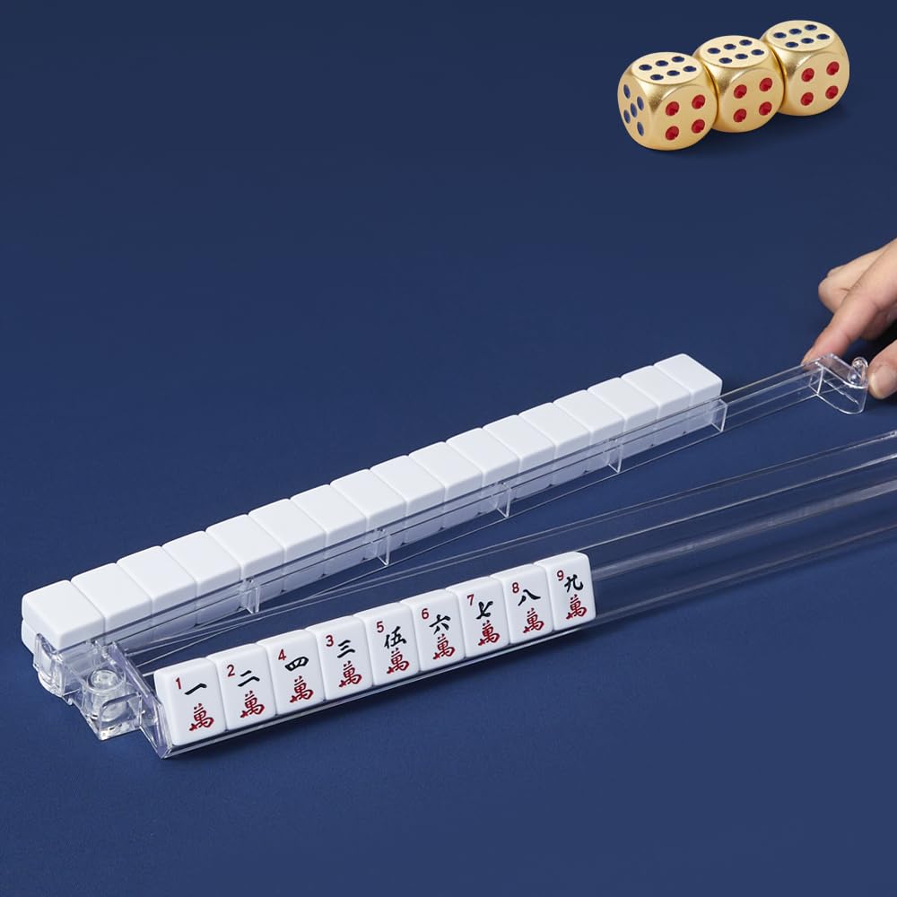TAIKULA Mahjong Racks with Pushers – Clear Acrylic Tile Racks (Set of 4) with 3 Golden Dice