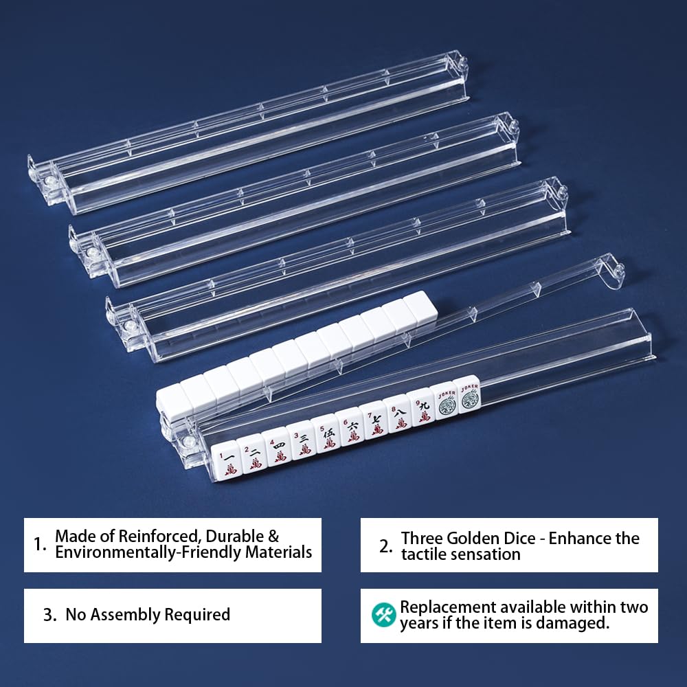 TAIKULA Mahjong Racks with Pushers – Clear Acrylic Tile Racks (Set of 4) with 3 Golden Dice