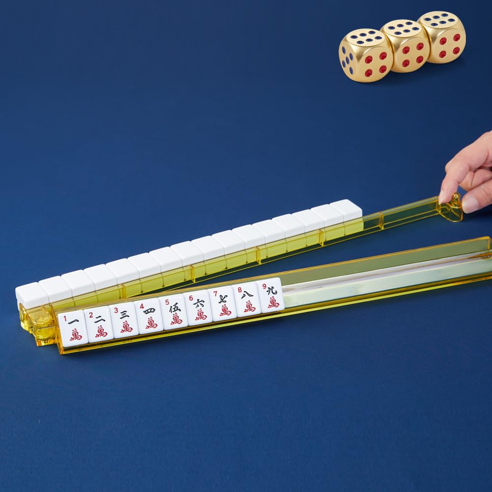 TAIKULA Mahjong Racks with Pushers – Clear Acrylic American Mah Jongg Tile Racks (Set of 4) with 3 Golden Dice