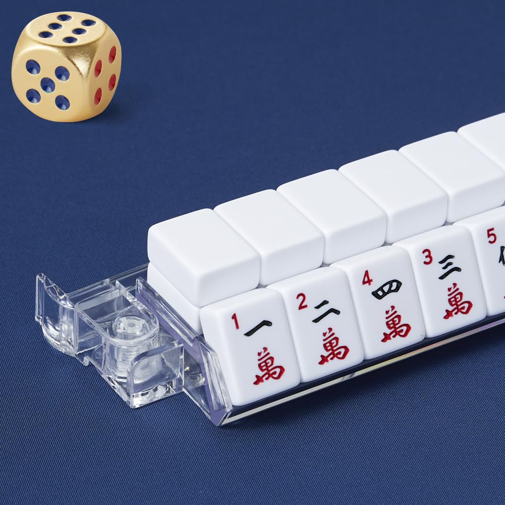 TAIKULA Mahjong Racks with Pushers – Clear Acrylic Tile Racks (Set of 4) with 3 Golden Dice