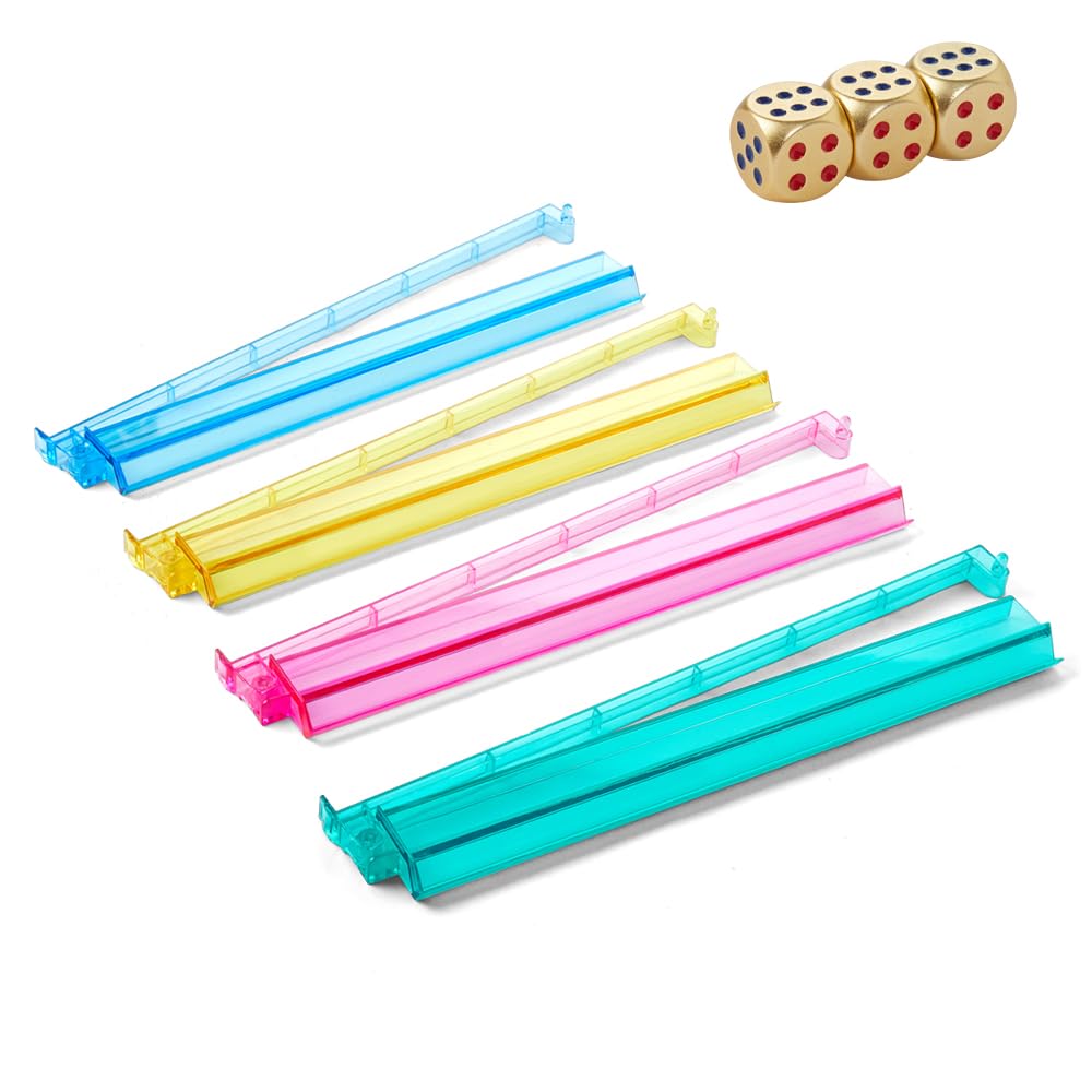 TAIKULA Mahjong Racks with Pushers – Clear Acrylic American Mah Jongg Tile Racks (Set of 4) with 3 Golden Dice