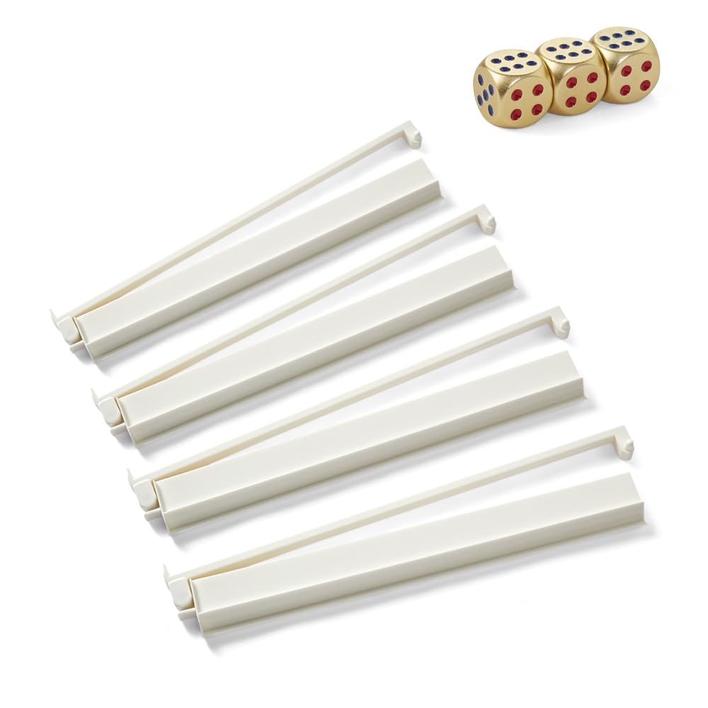 TAIKULA Mahjong Racks with Pushers – Clear Acrylic American Mahjong Tile Racks, Set of 4 with 3 Golden Dice (Beige and White)