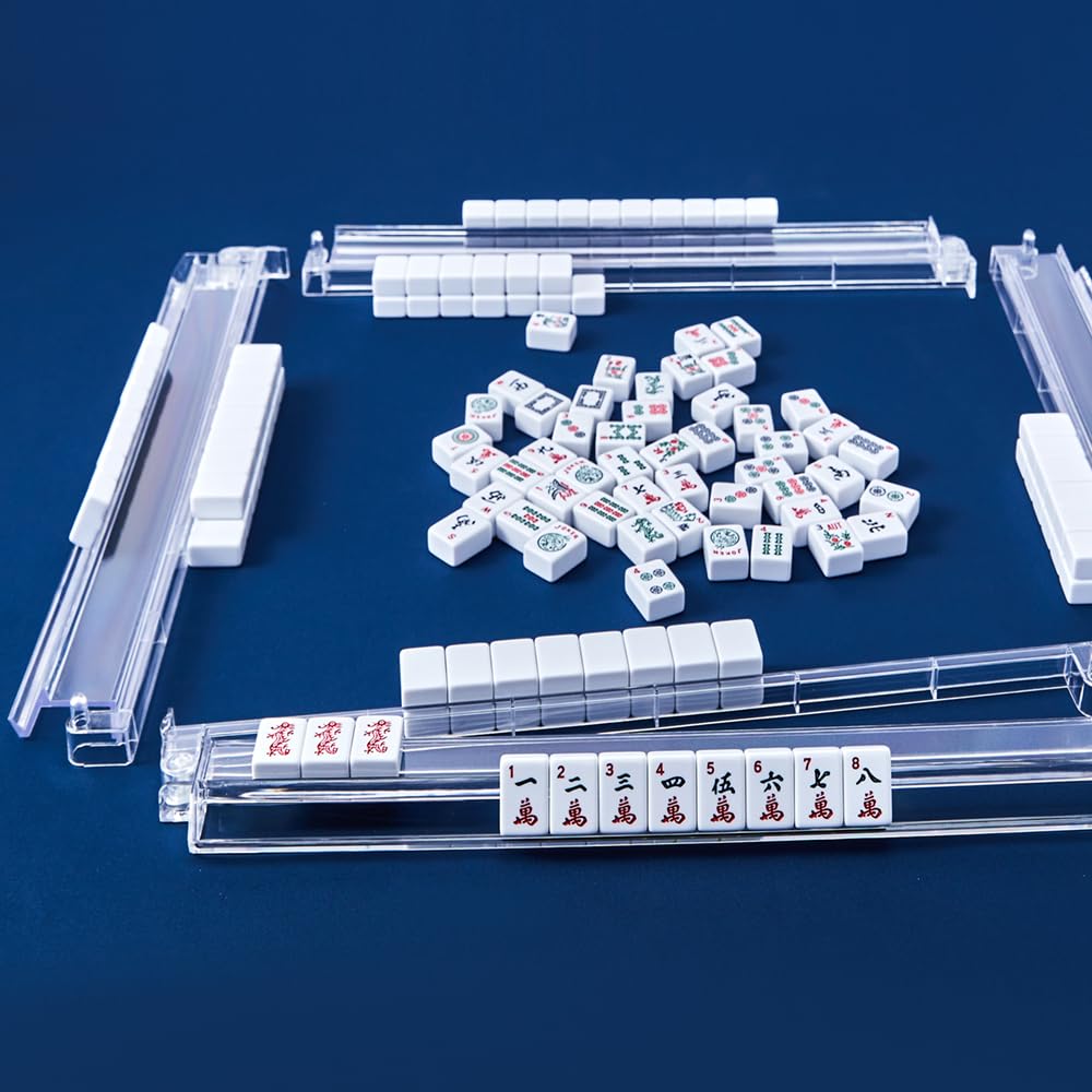 TAIKULA Mahjong Racks with Pushers – Clear Acrylic Tile Racks (Set of 4) with 3 Golden Dice