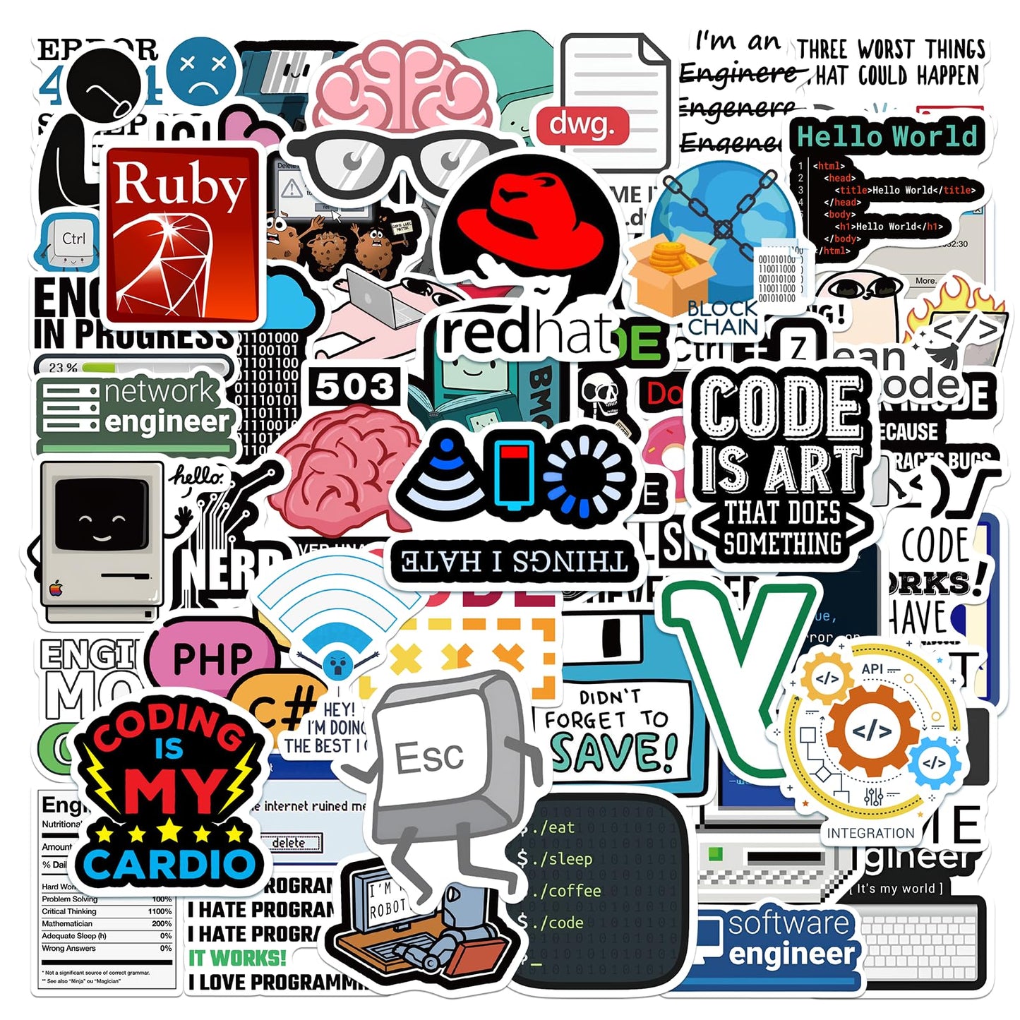 TaiLiHaile 110-piece Programming Stickers – Waterproof Vinyl for Laptop, Water Bottle, Luggage