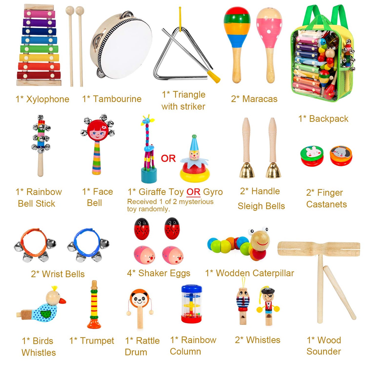 Taimasi Kids Musical Instruments Set | 33pc, 18 Types Wooden Percussion Toys