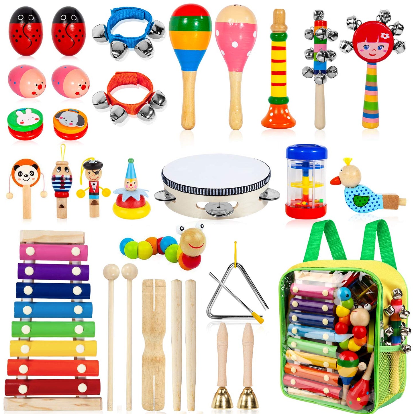 Taimasi Kids Musical Instruments Set | 33pc, 18 Types Wooden Percussion Toys