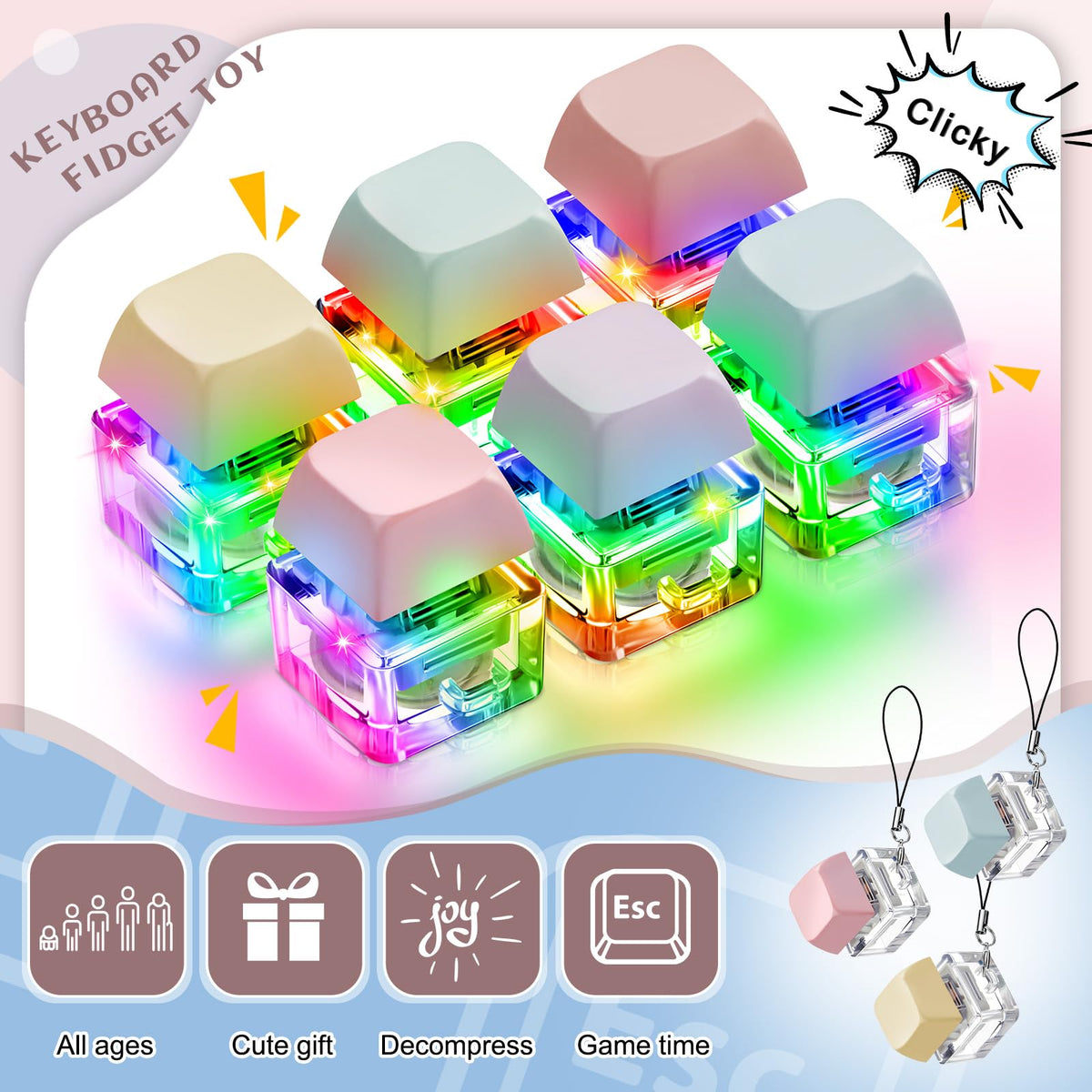 Taiyin 6 Pcs Keyboard Clicker Toys – Decompression Fidget Keyboard Cubes for Adults | Stress Relief & Desk Decor