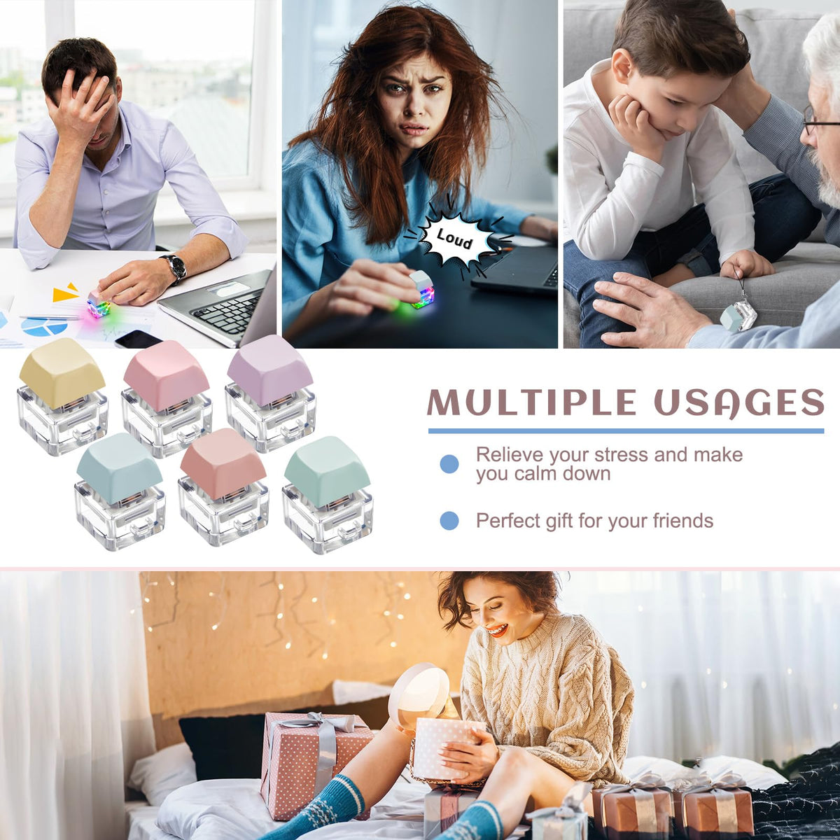 Taiyin 6 Pcs Keyboard Clicker Toys – Decompression Fidget Keyboard Cubes for Adults | Stress Relief & Desk Decor