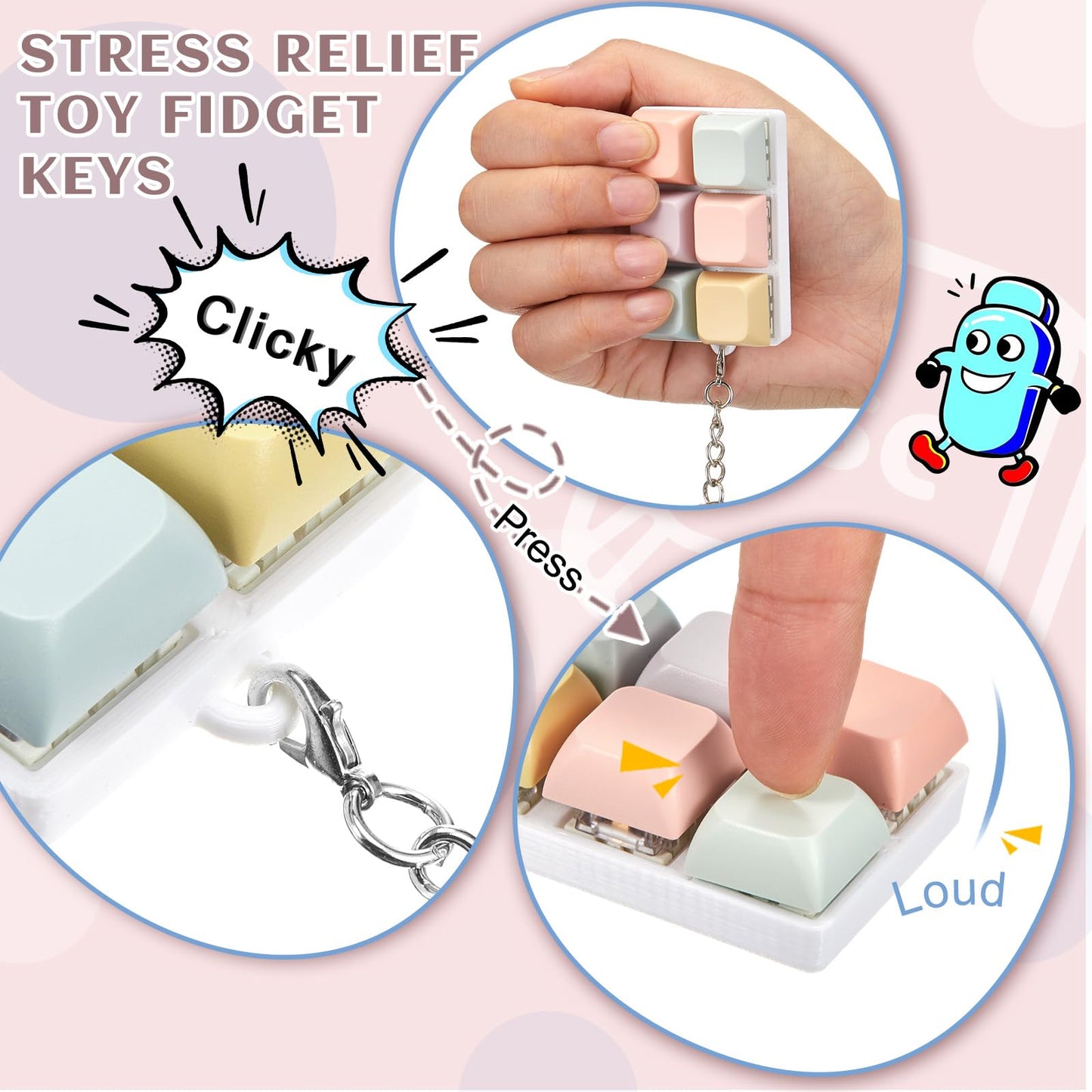 Taiyin Keyboard Clicker Fidget Keychain – 6-Color Macaron Set for Stress Relief and Focus