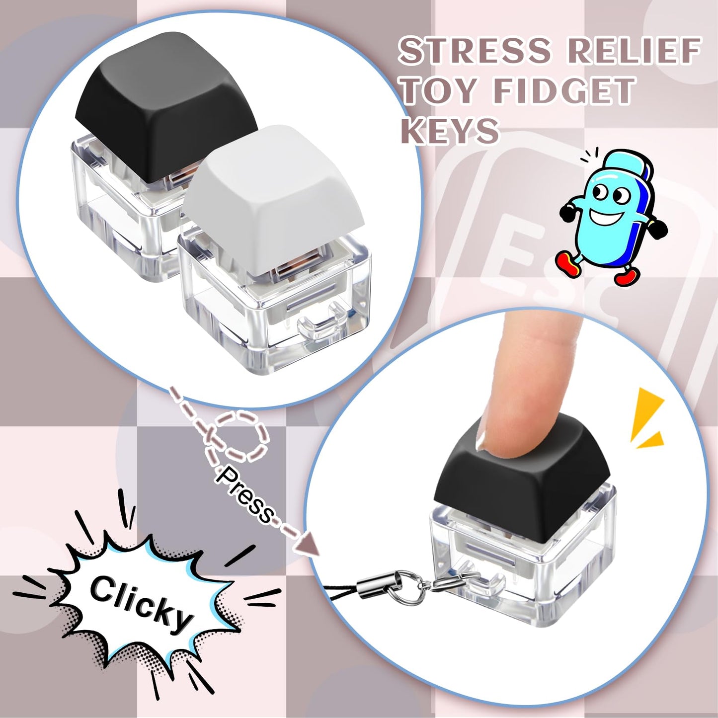 Taiyin Keyboard Toy Clicker Fidget Keychain – 2-Pack Black & White | Decompression Button Stress Relief Gift for Adults