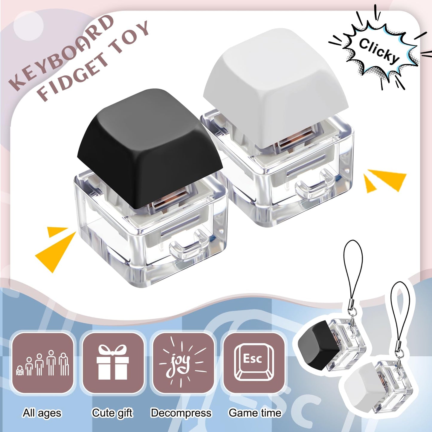 Taiyin Keyboard Toy Clicker Fidget Keychain – 2-Pack Black & White | Decompression Button Stress Relief Gift for Adults