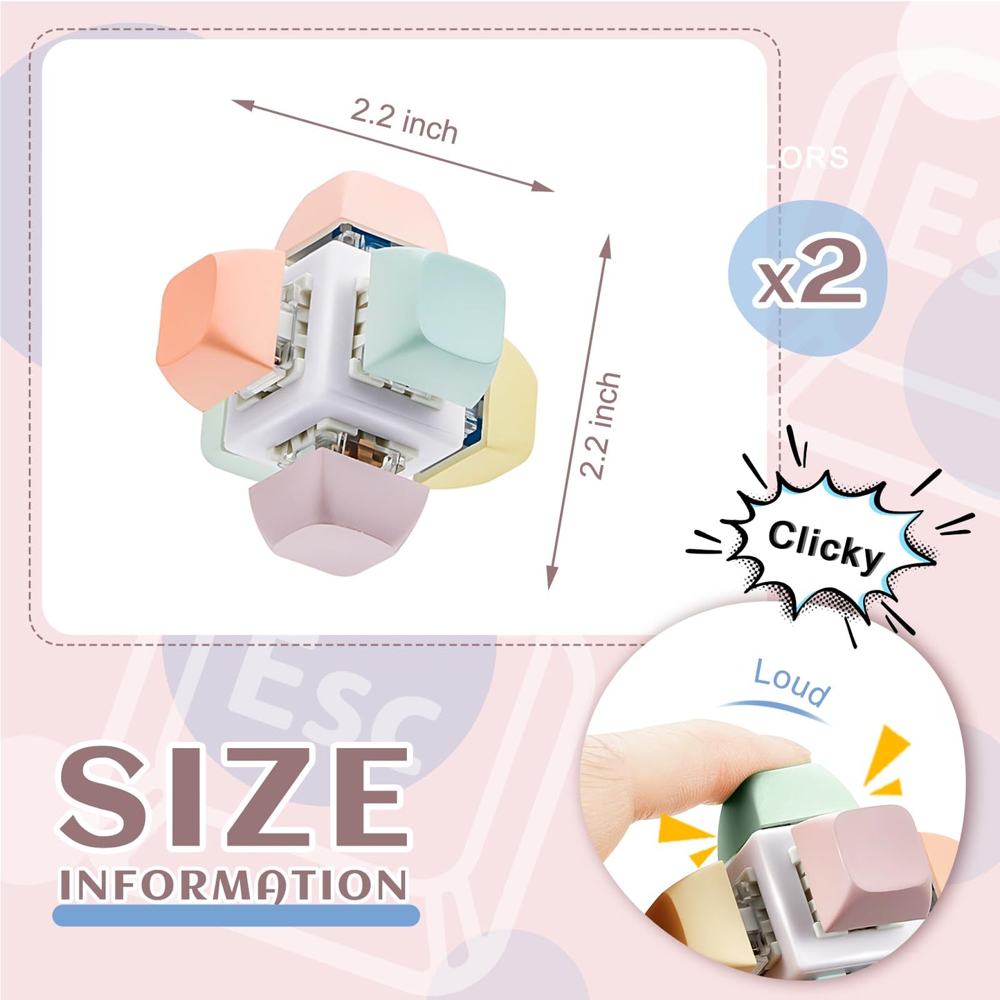 Taiyin 2-Pack Keyboard Toy Clicker • 6-Sided Fidget Keychain in Macaron Colors