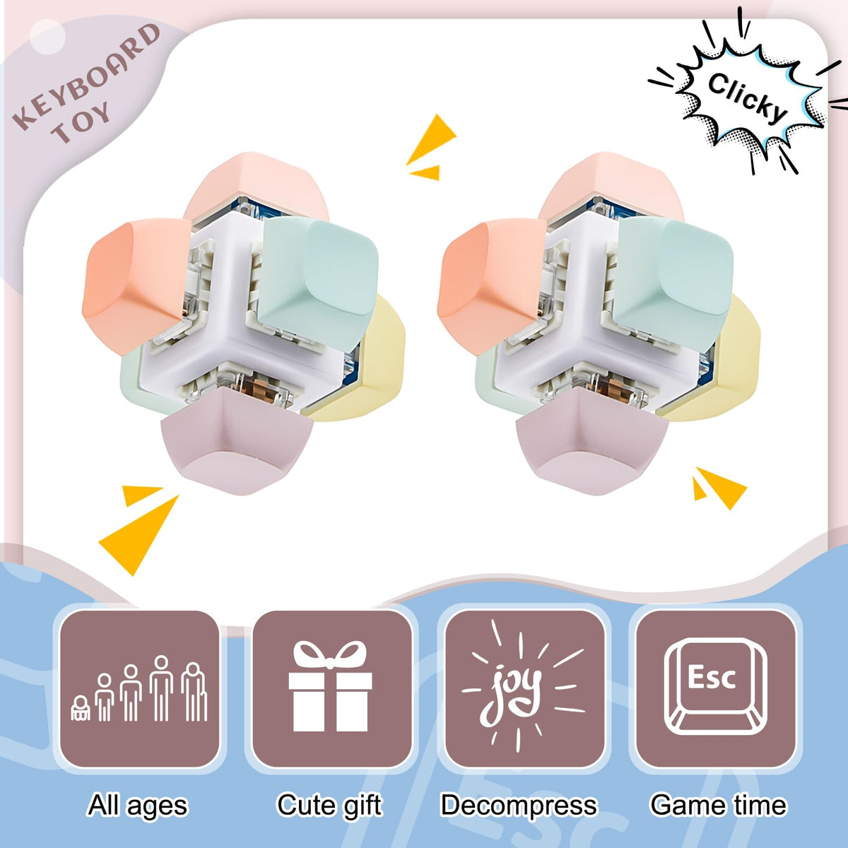 Taiyin 2-Pack Keyboard Toy Clicker • 6-Sided Fidget Keychain in Macaron Colors