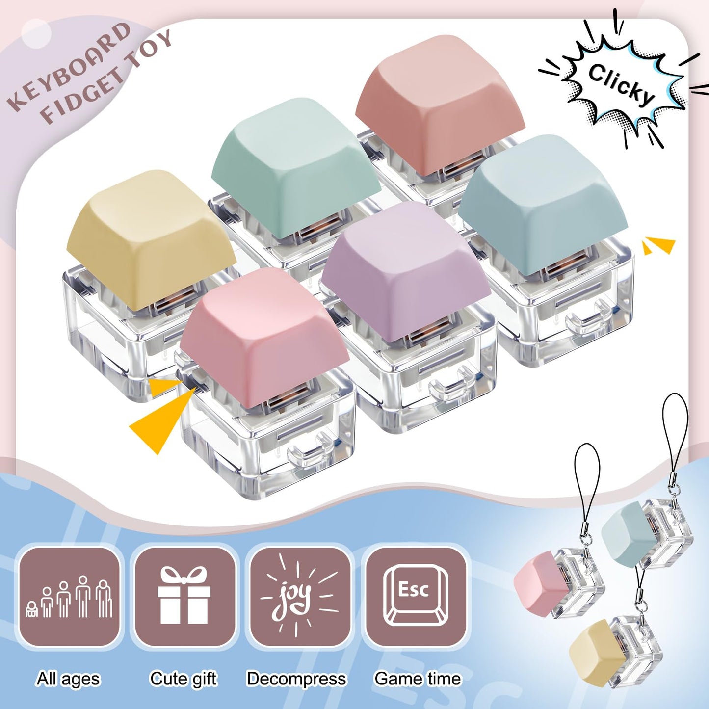 Taiyin 6 Pcs Keyboard Fidget Keychains – Macaron Colors for Stress Relief & Focus