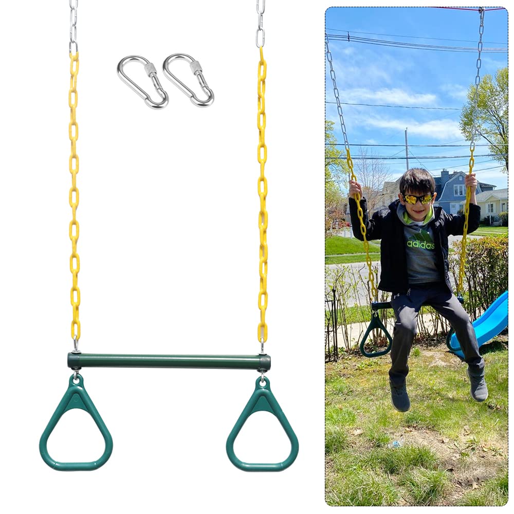 Take Me Away 18" Trapeze Swing Bar with Rings & 48" Heavy-Duty Plastic-Coated Chains – Swing Set Accessories