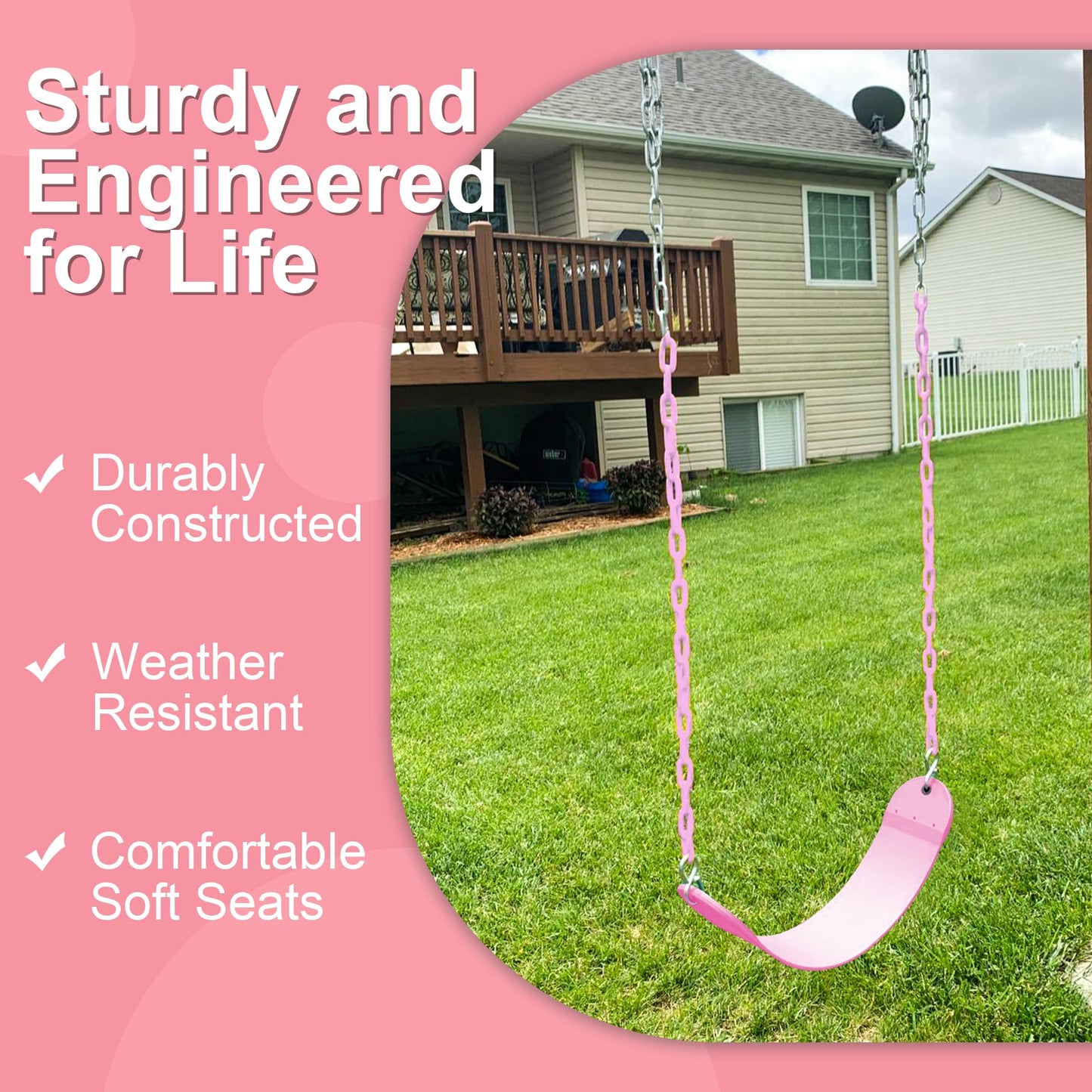 Take Me Away 2 Pack Pink Swing Seats with 66in Chains – Heavy-Duty, Plastic-Coated, Playground Swing Set Accessories