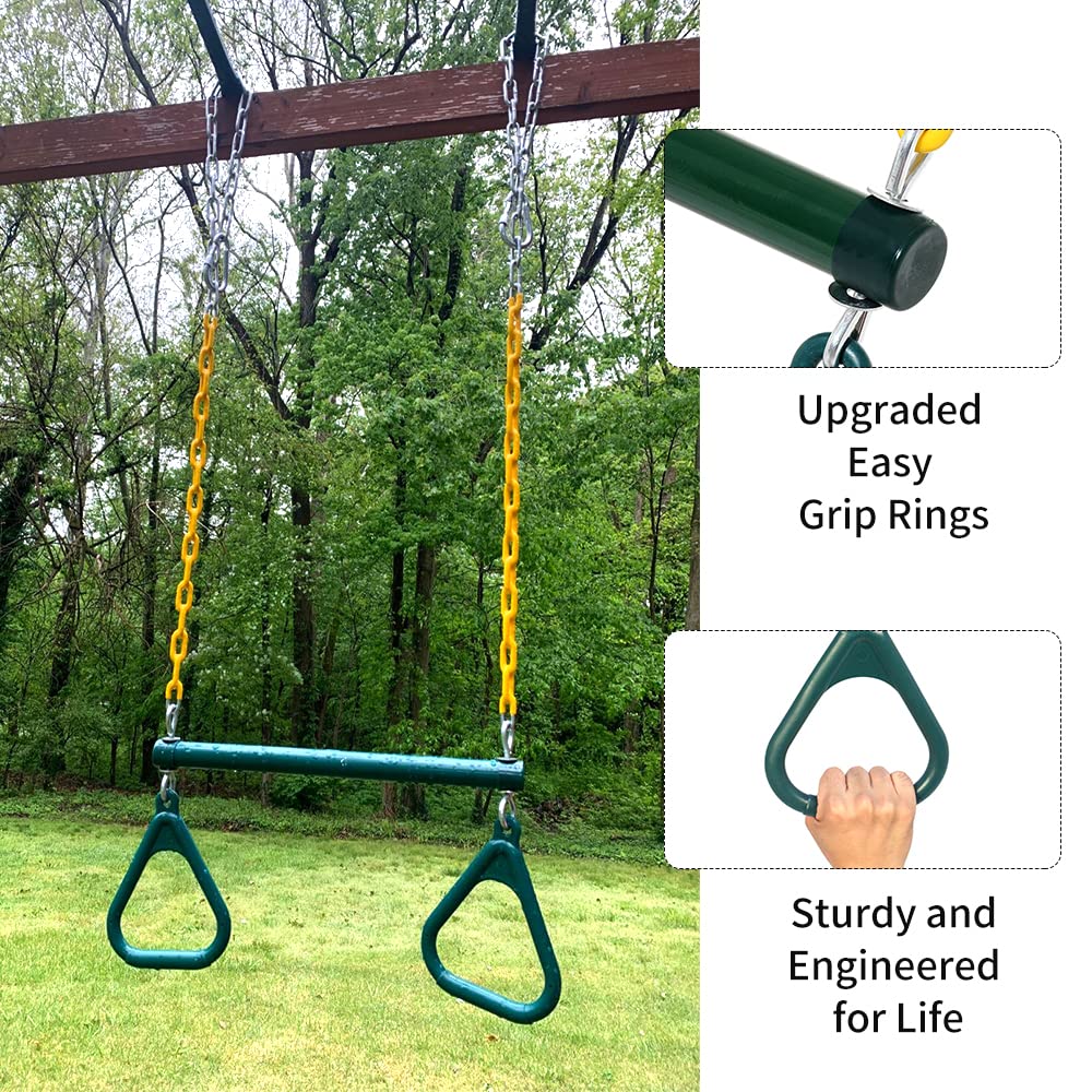 Take Me Away 18" Trapeze Swing Bar with Rings & 48" Heavy-Duty Plastic-Coated Chains – Swing Set Accessories