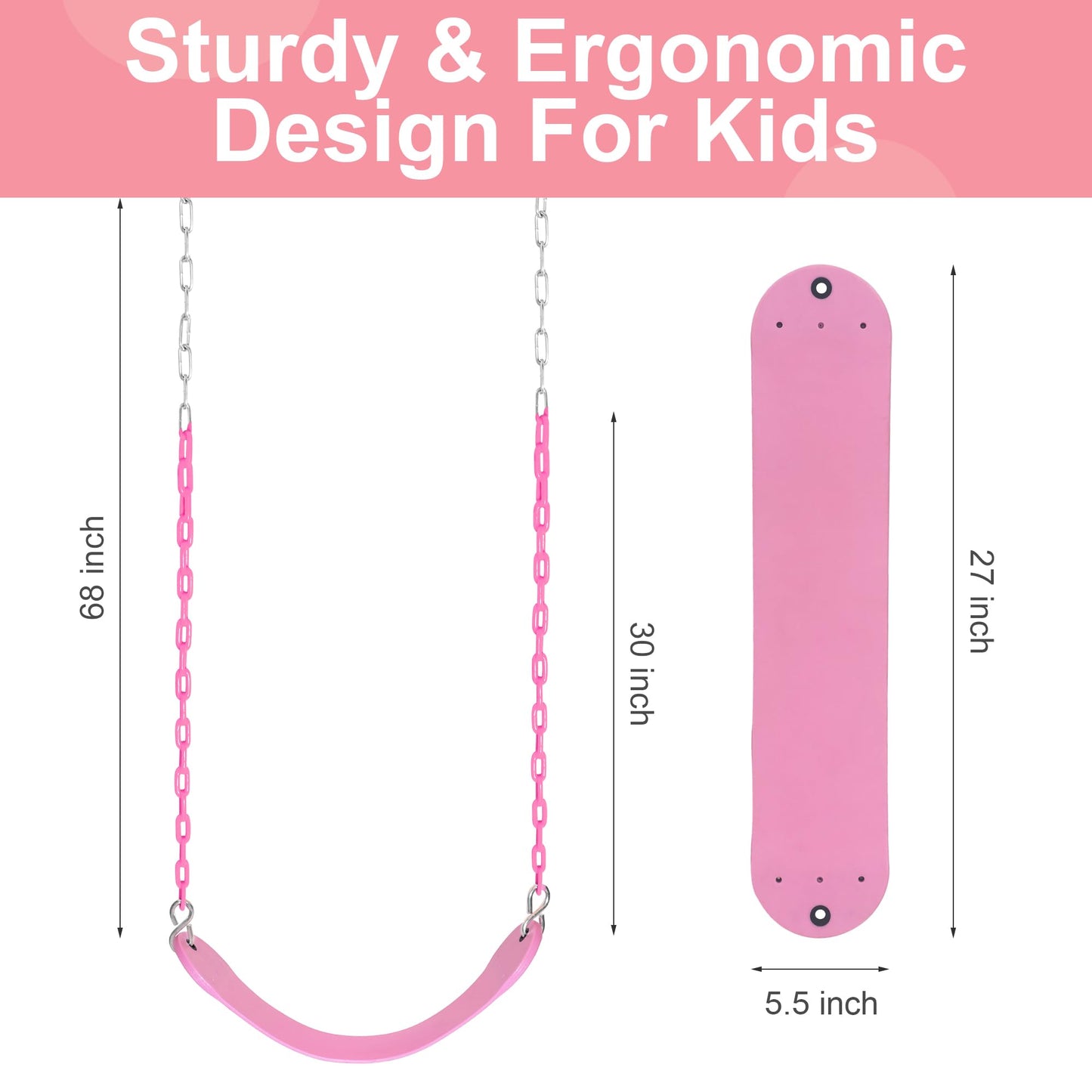 Take Me Away 2 Pack Pink Swing Seats with 66in Chains – Heavy-Duty, Plastic-Coated, Playground Swing Set Accessories