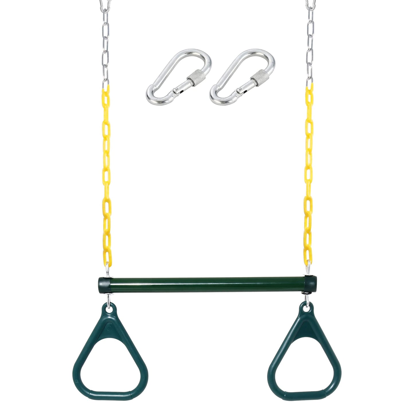 Take Me Away 18" Trapeze Swing Bar with Rings & 48" Heavy-Duty Plastic-Coated Chains – Swing Set Accessories