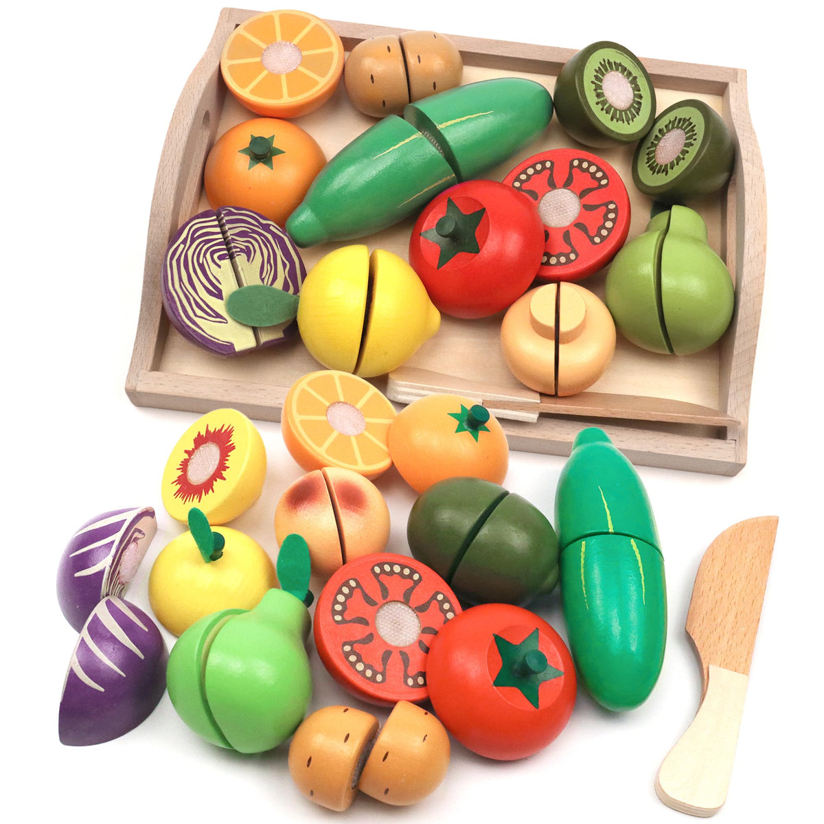 Take Me Away Wooden Cutting Fruit & Veggie Set for Kids – Pretend Play Kitchen Toy