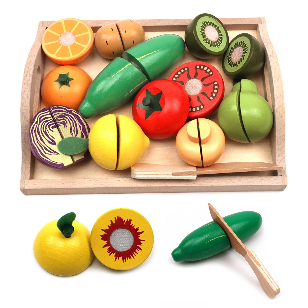 Take Me Away Wooden Cutting Fruit & Veggie Set for Kids – Pretend Play Kitchen Toy