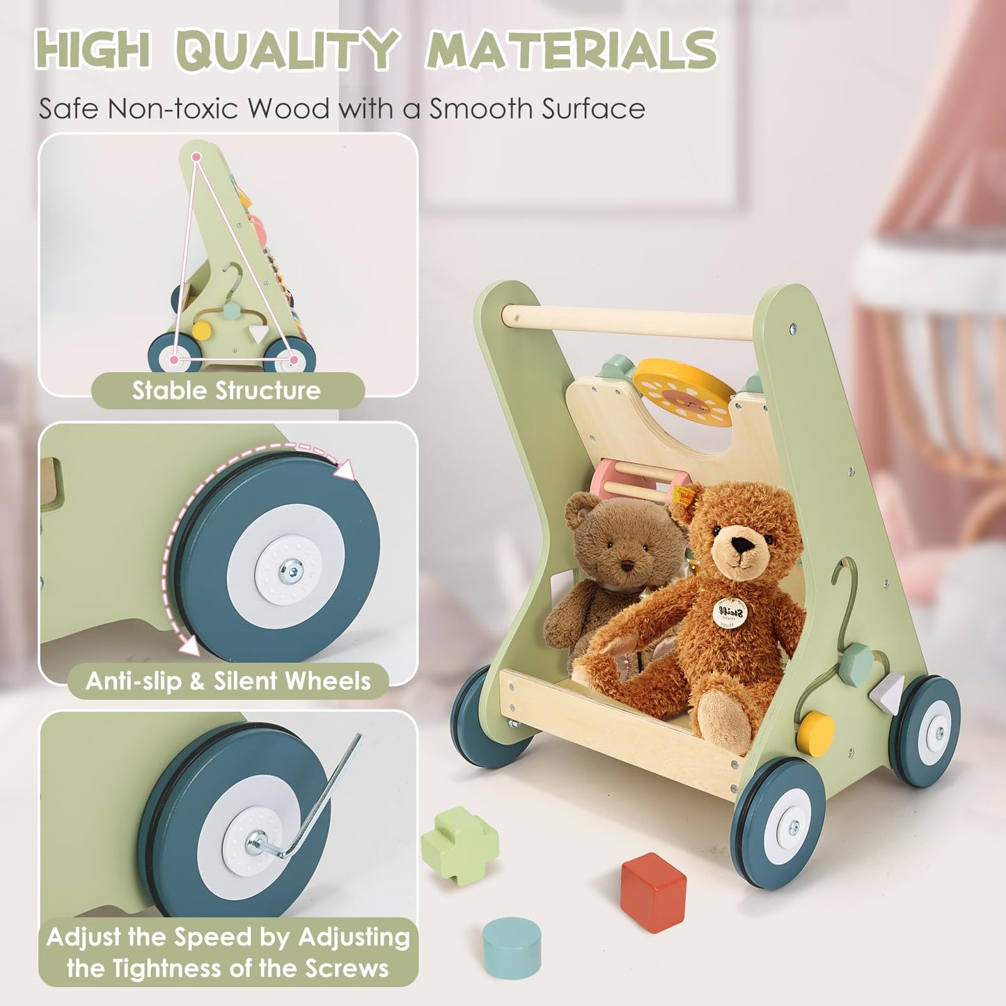 Takeeyce Baby Push Walker - Wooden Montessori Toy for Toddlers 10-12 Months