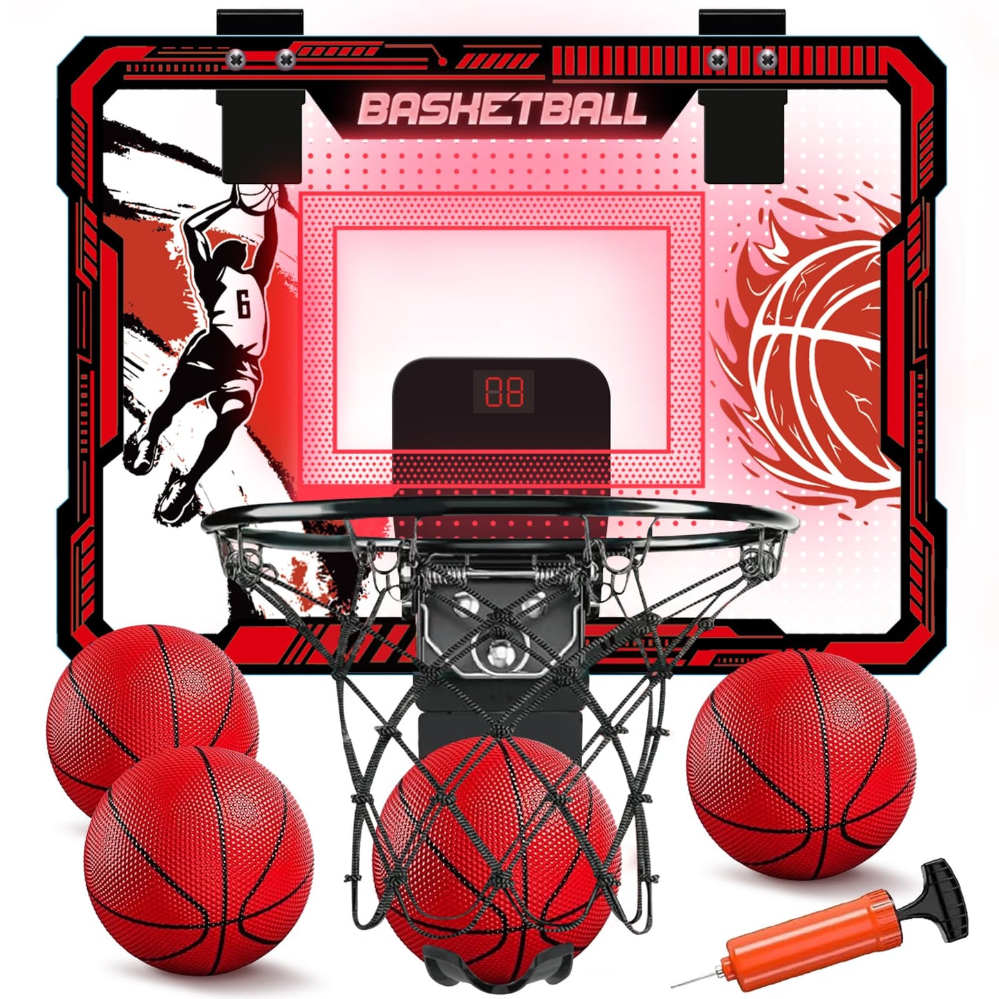 TALGIC Indoor Over-the-Door Basketball Hoop with LED Scoreboard | 4 Balls & Pump