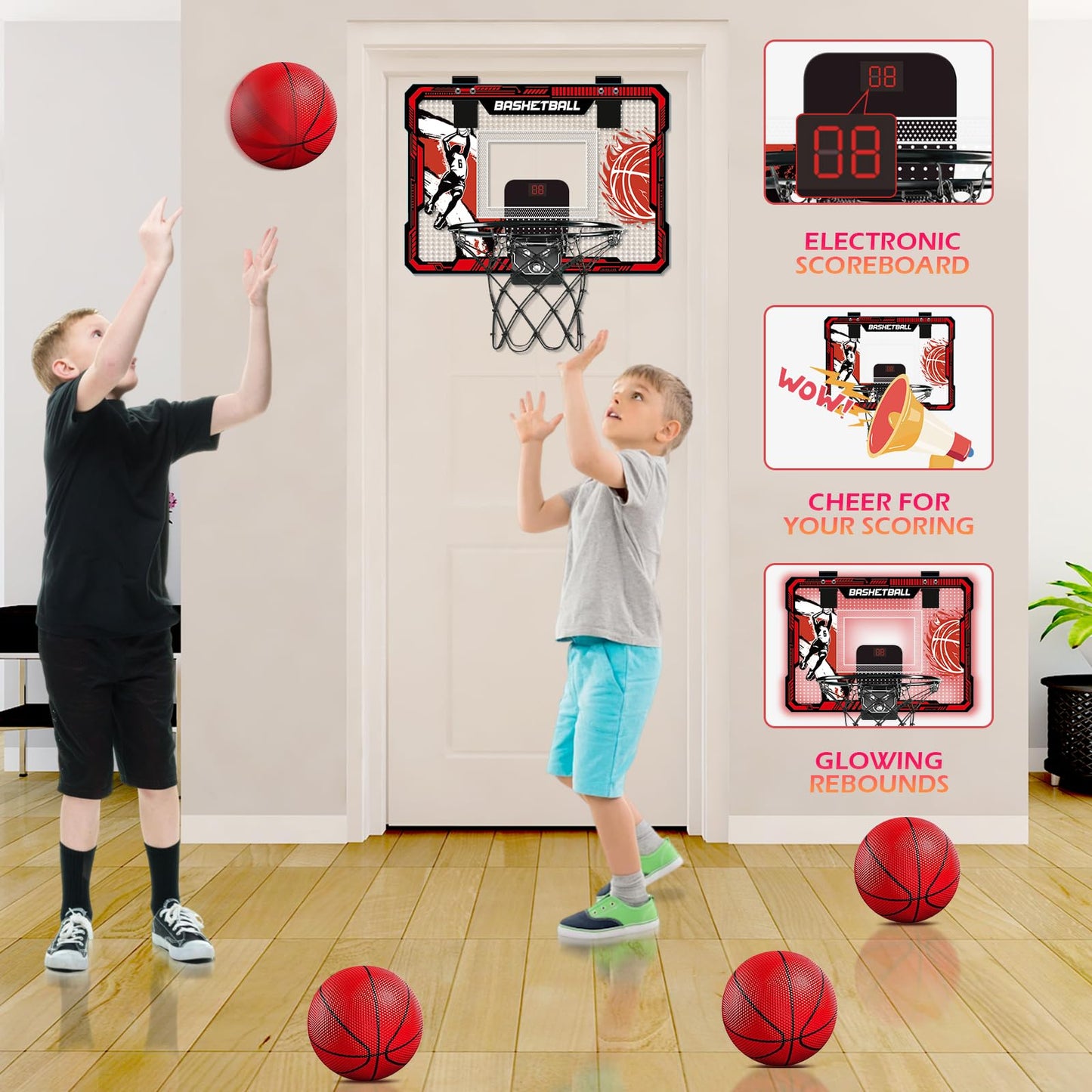 TALGIC Indoor Over-the-Door Basketball Hoop with LED Scoreboard | 4 Balls & Pump