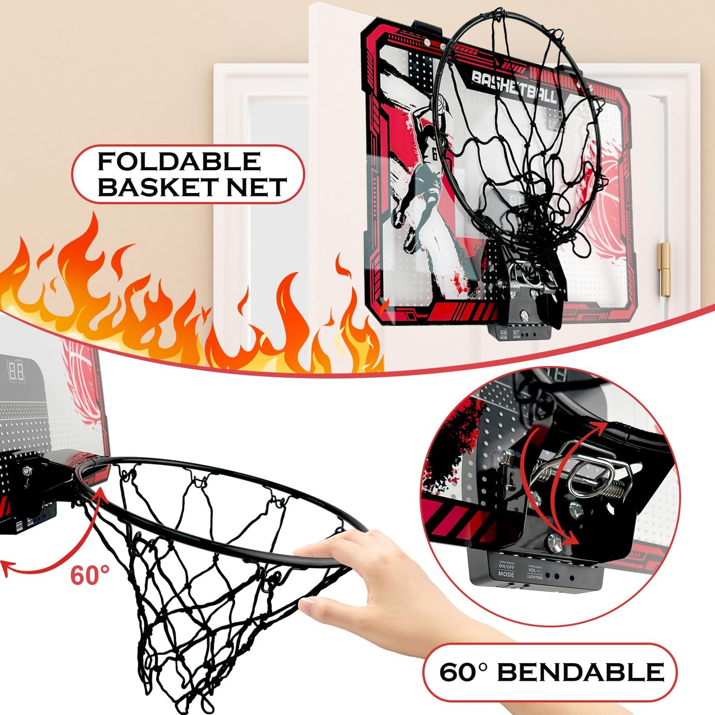 TALGIC Indoor Over-the-Door Basketball Hoop with LED Scoreboard | 4 Balls & Pump