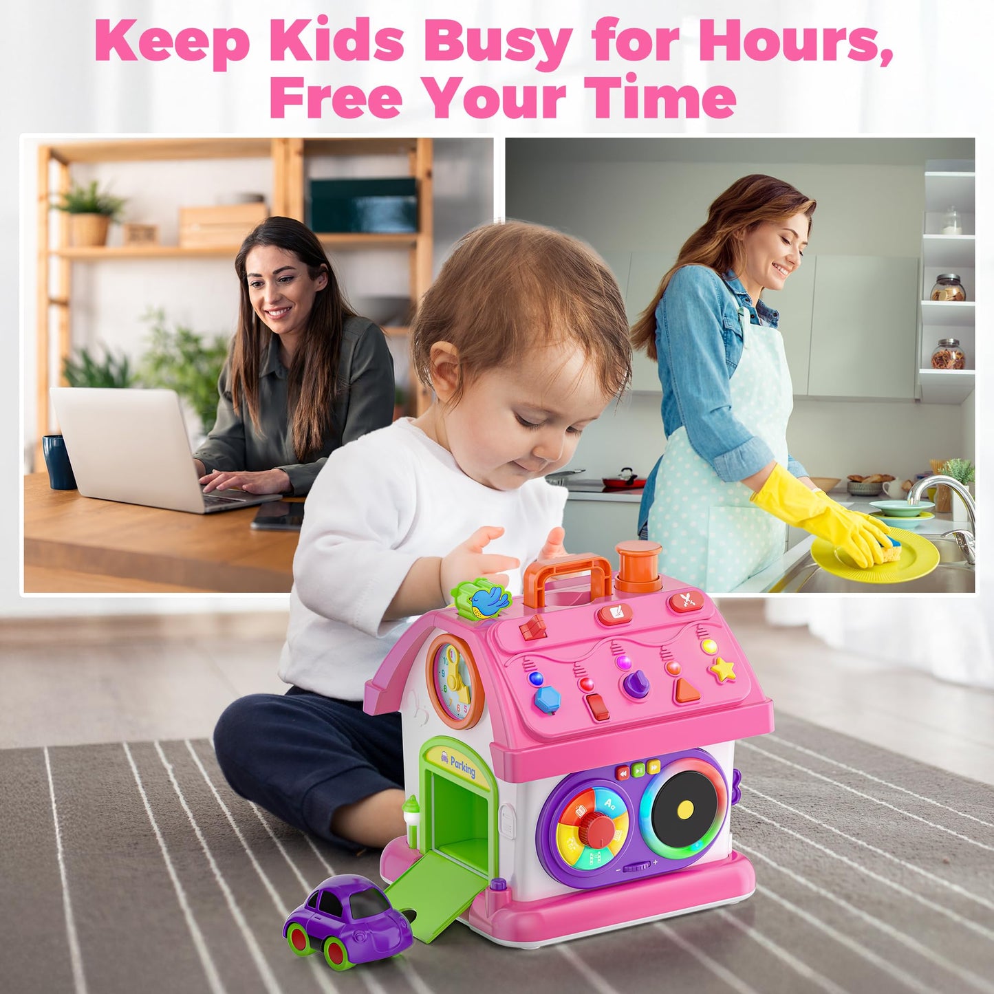 Talkfun Montessori Learning House Toy - Bilingual Musical Playset for 12-18 Months (Pink)