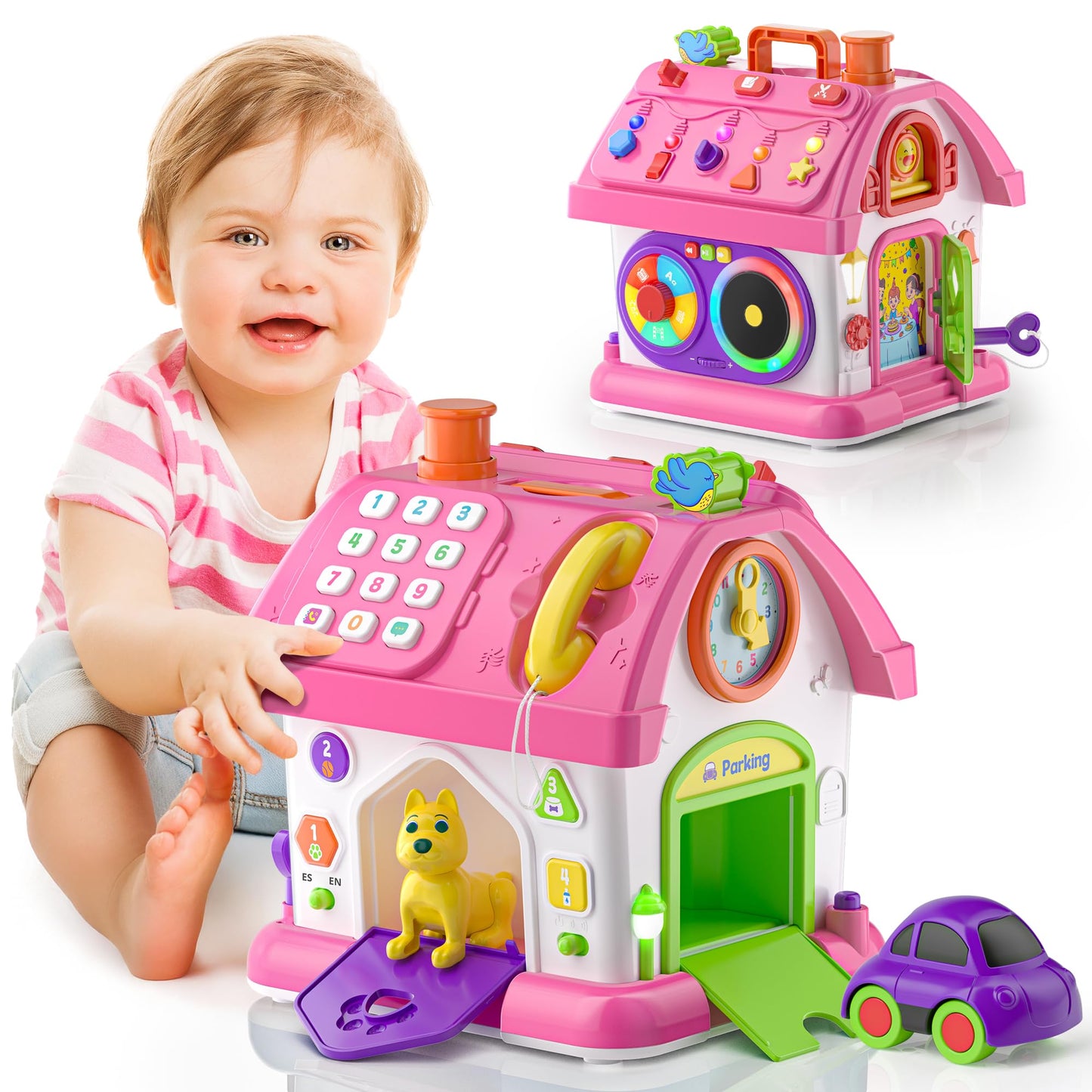 Talkfun Montessori Learning House Toy - Bilingual Musical Playset for 12-18 Months (Pink)