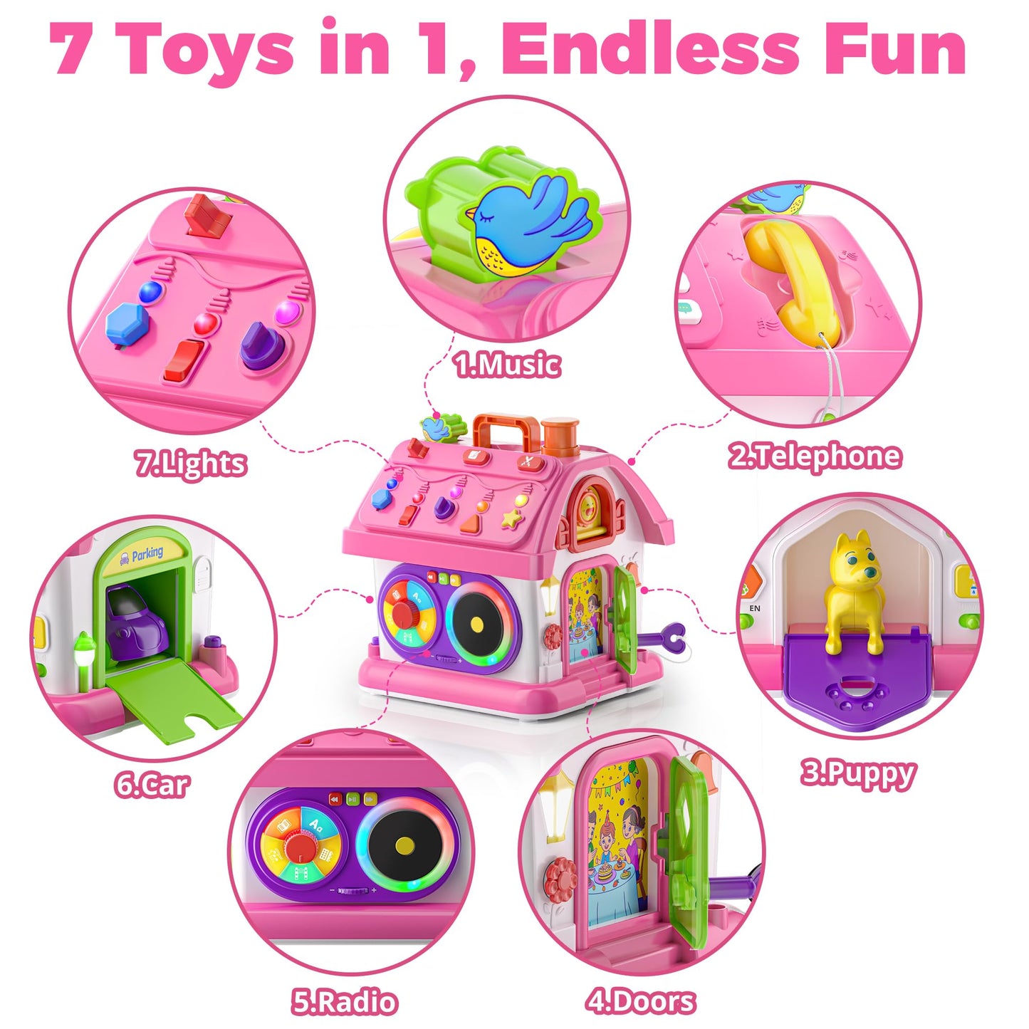 Talkfun Montessori Learning House Toy - Bilingual Musical Playset for 12-18 Months (Pink)