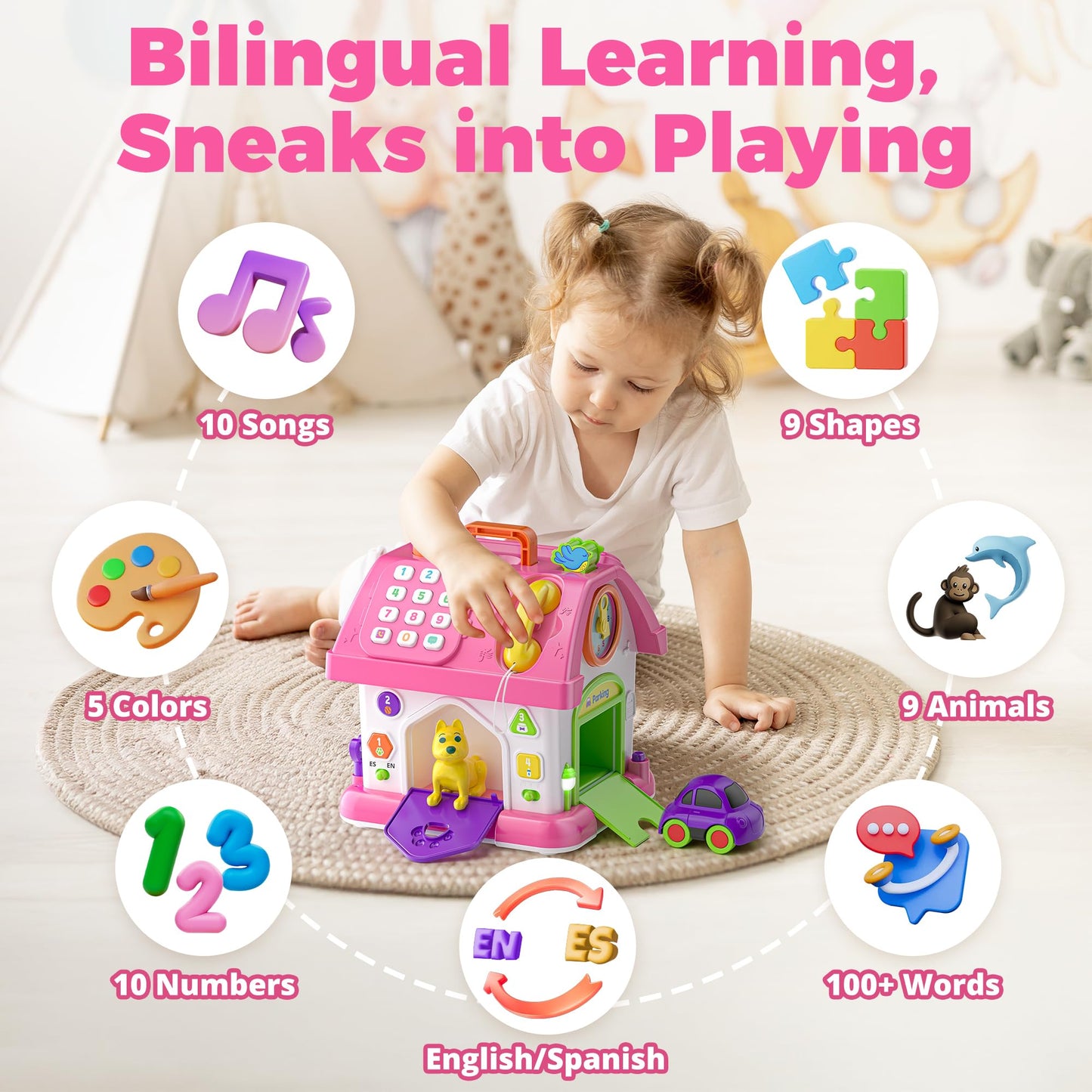 Talkfun Montessori Learning House Toy - Bilingual Musical Playset for 12-18 Months (Pink)