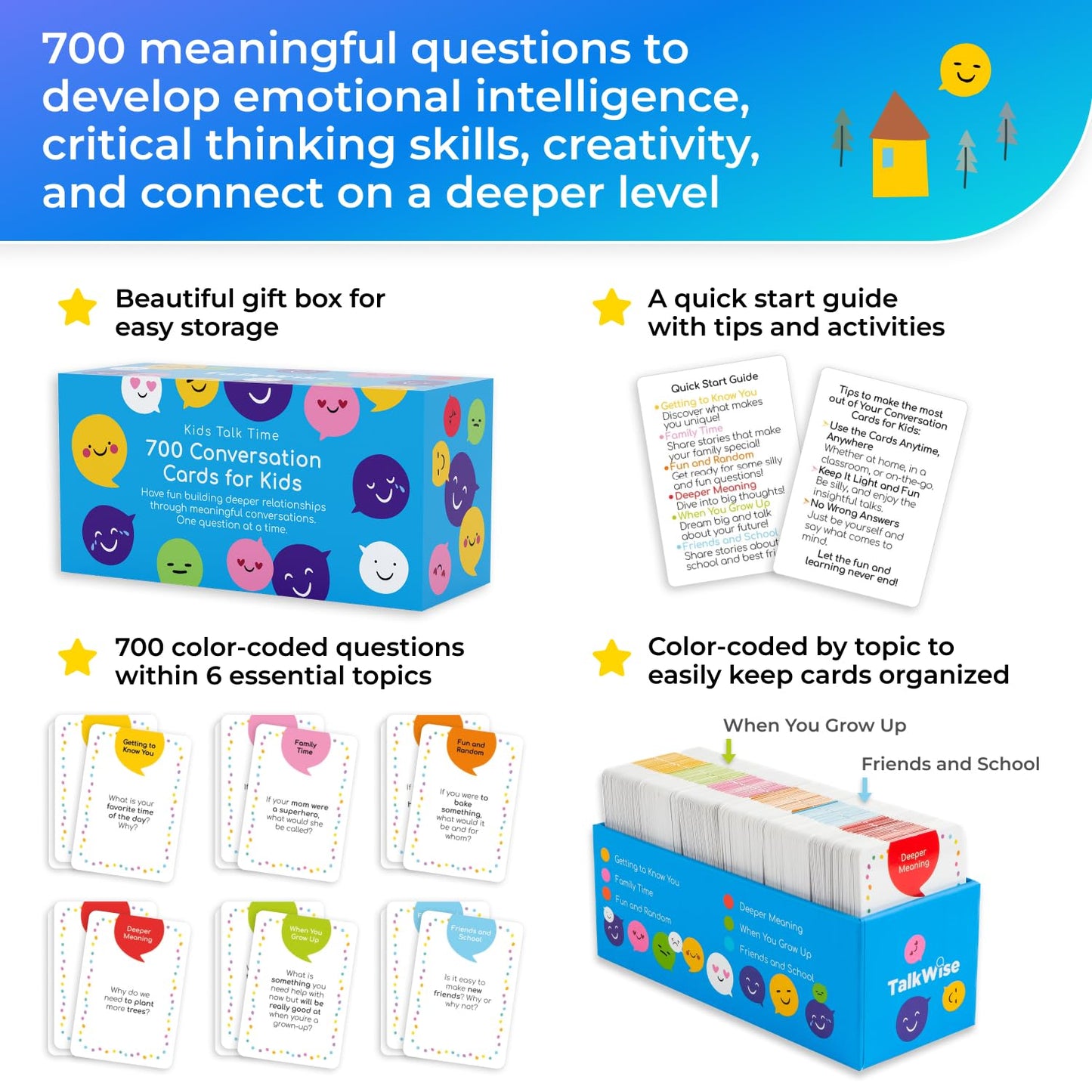 TALKWISE 700 Conversation Cards for Kids — Color-Coded 6 Topics for Family Nights