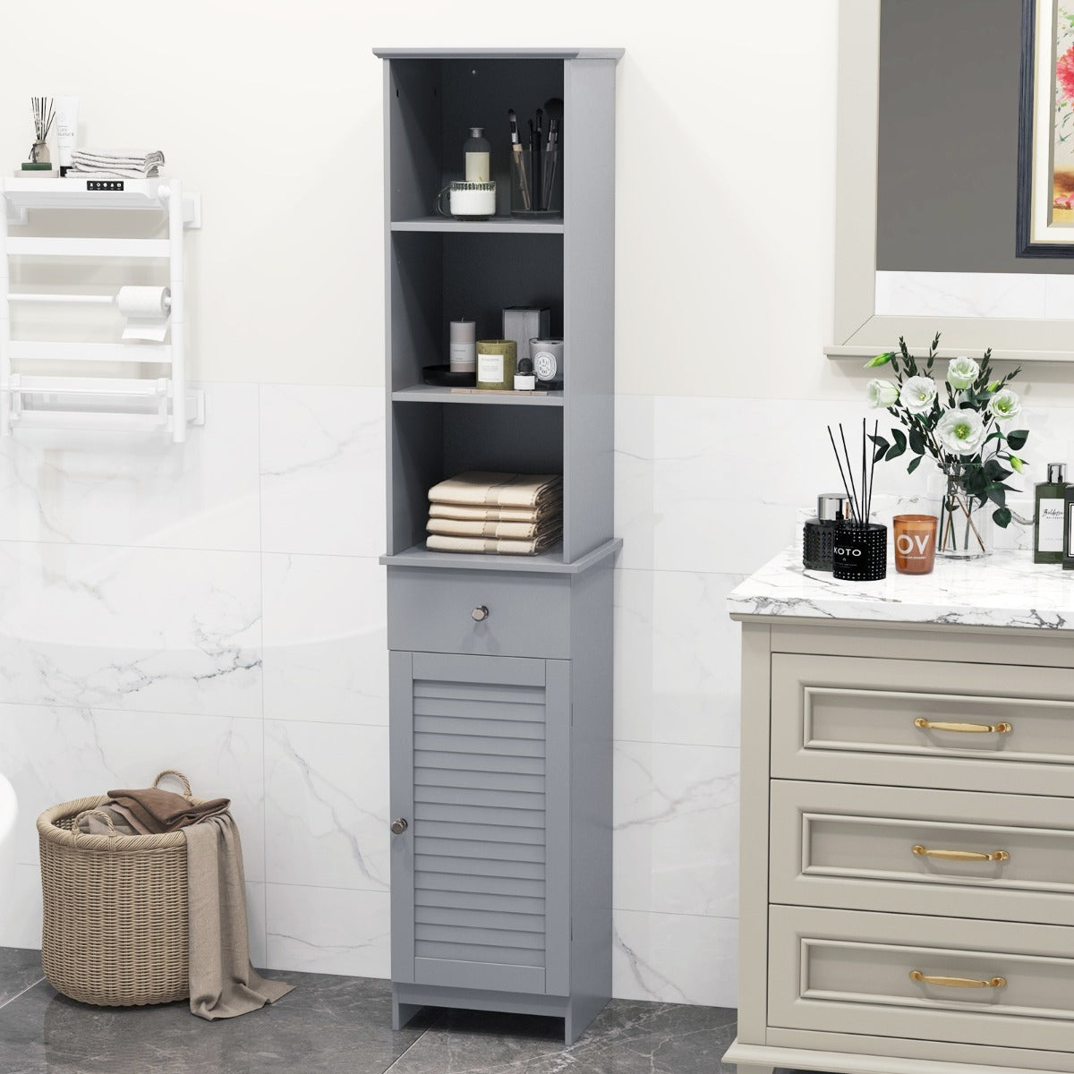 Tall Bathroom Cabinet with Adjustable Shelves-Black