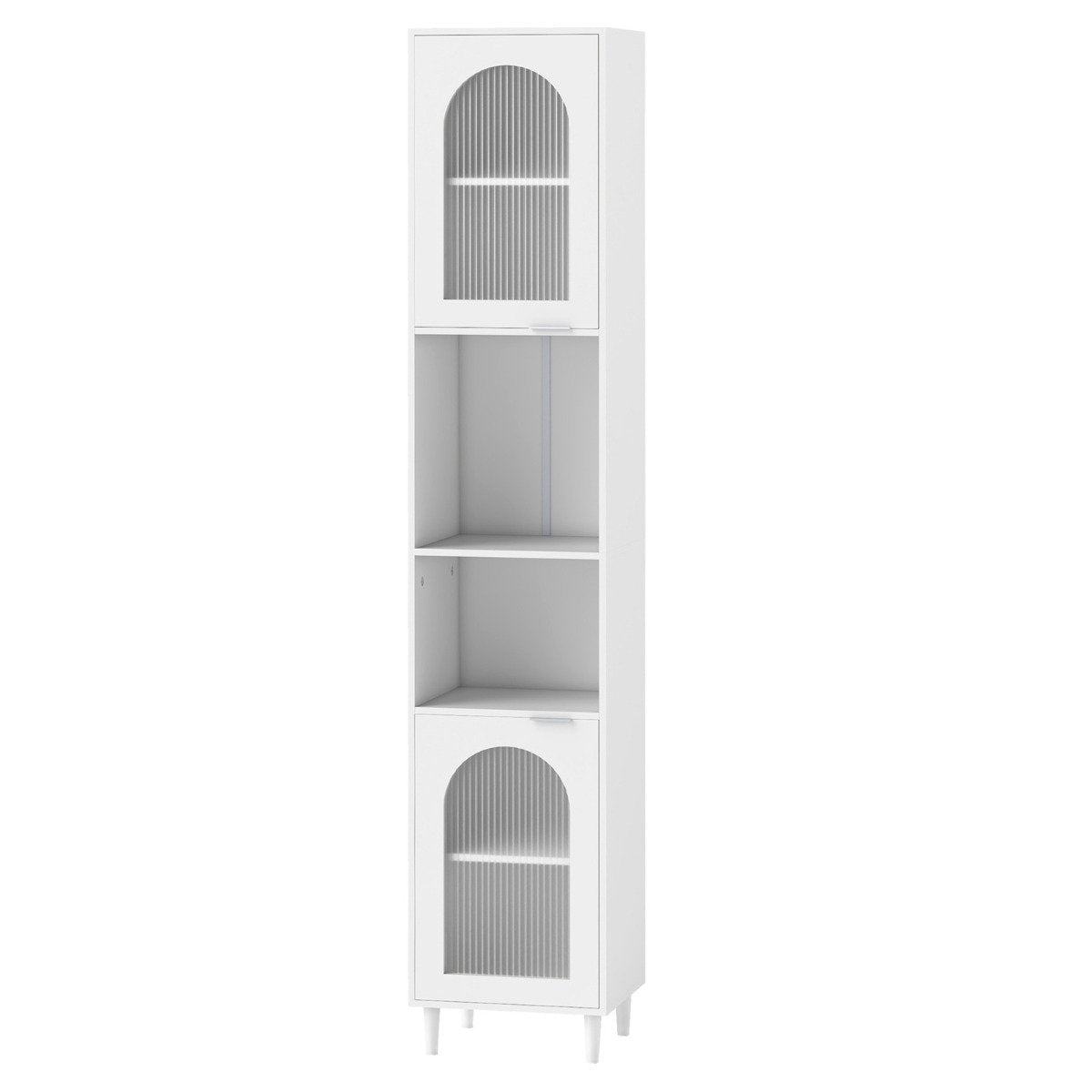 Tall Bathroom Storage Cabinet Narrow Home Organizer with 2 Fluted Glass Doors-White