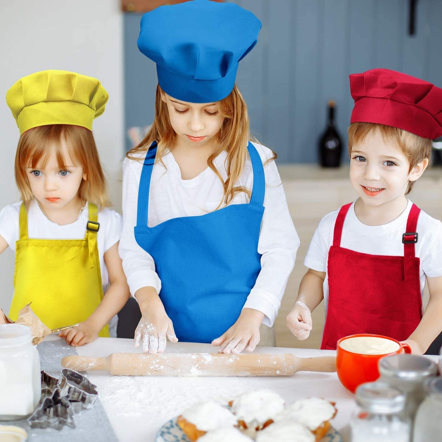 Tamicy 10-Piece Kids Chef Hat & Apron Set with Pockets — Adjustable, Colorful for Cooking, Baking & Crafts