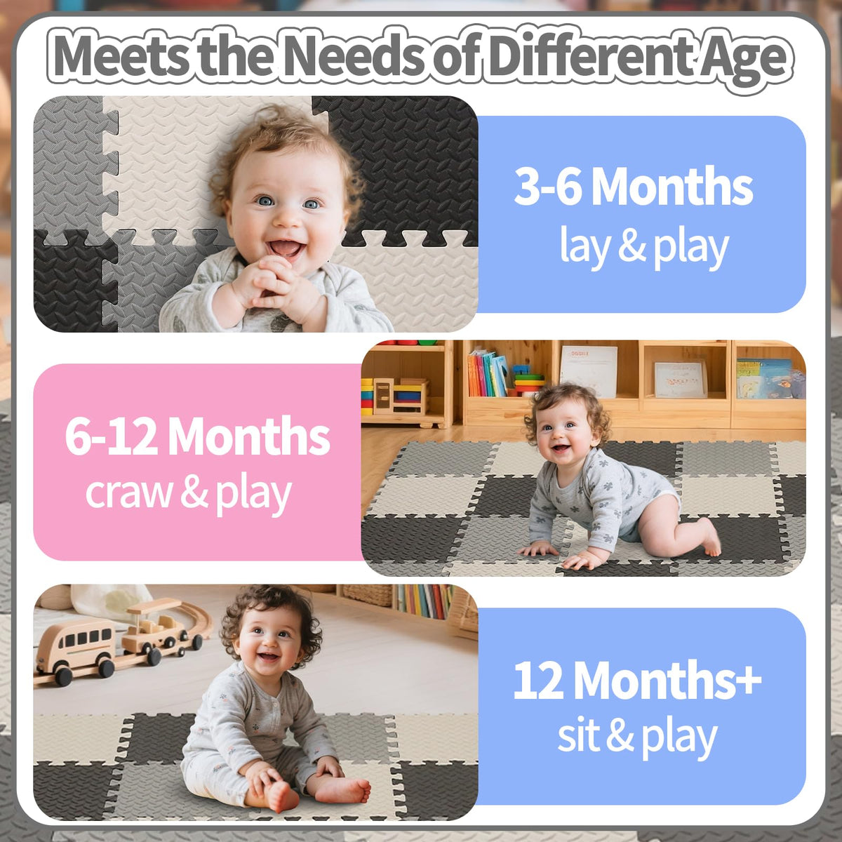 Tamiplay Foam Play Mat – 0.4-Inch Thick Interlocking EVA Tiles, 16-Piece Set (White/Black/Gray)