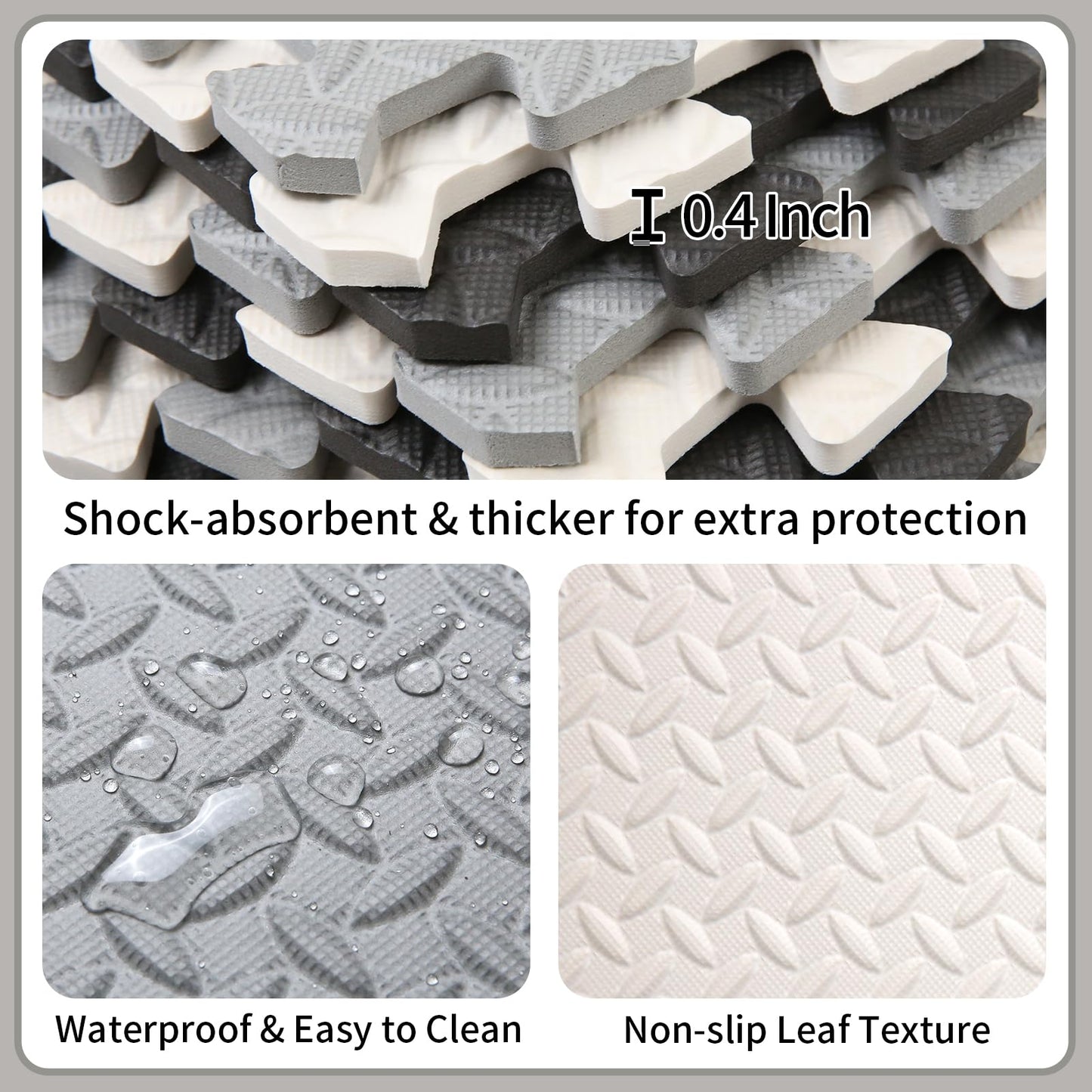 Tamiplay Foam Play Mat – 0.4-Inch Thick Interlocking EVA Tiles, 16-Piece Set (White/Black/Gray)