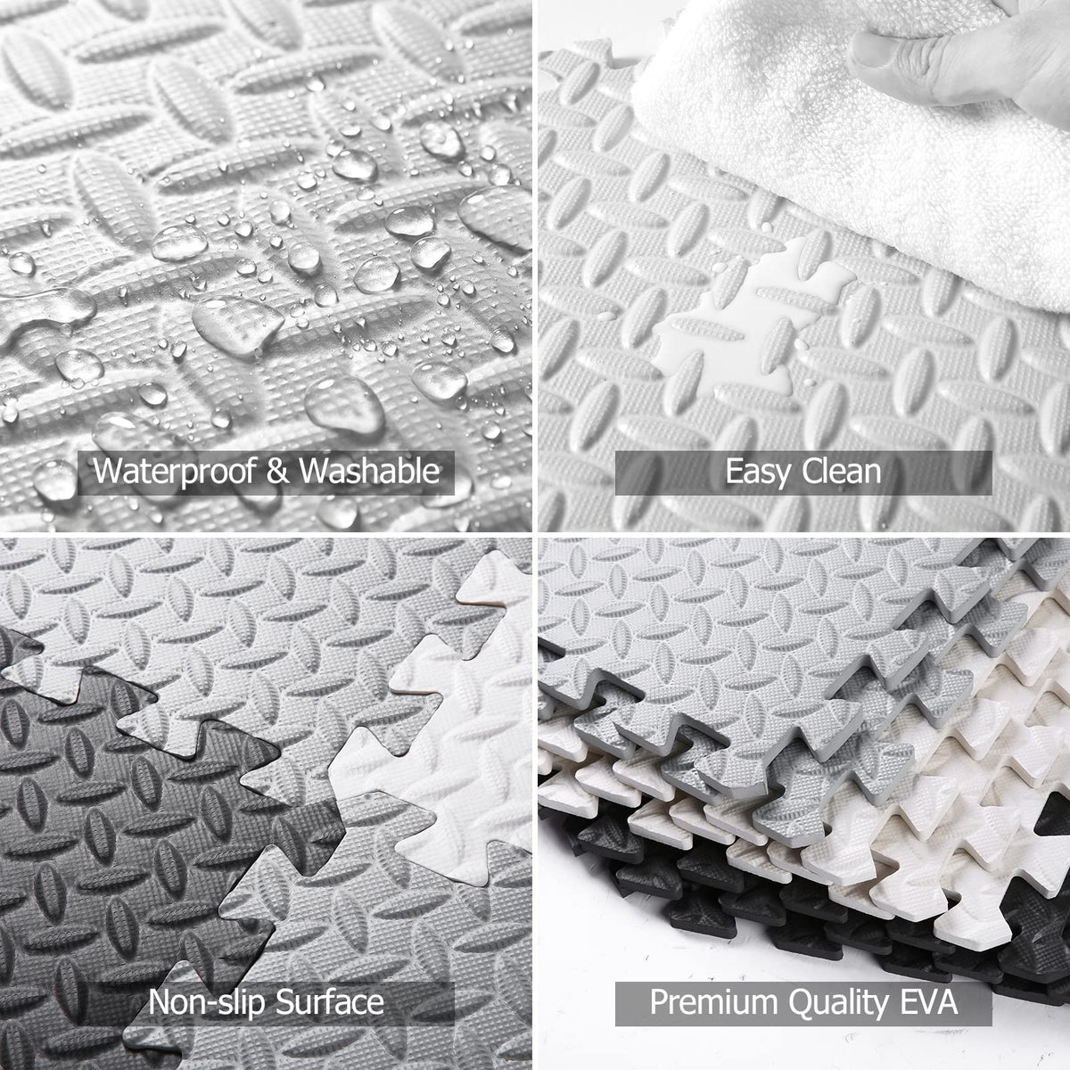 Tamiplay Foam Play Mat – 0.4-Inch Thick Interlocking EVA Tiles, 16-Piece Set (White/Black/Gray)