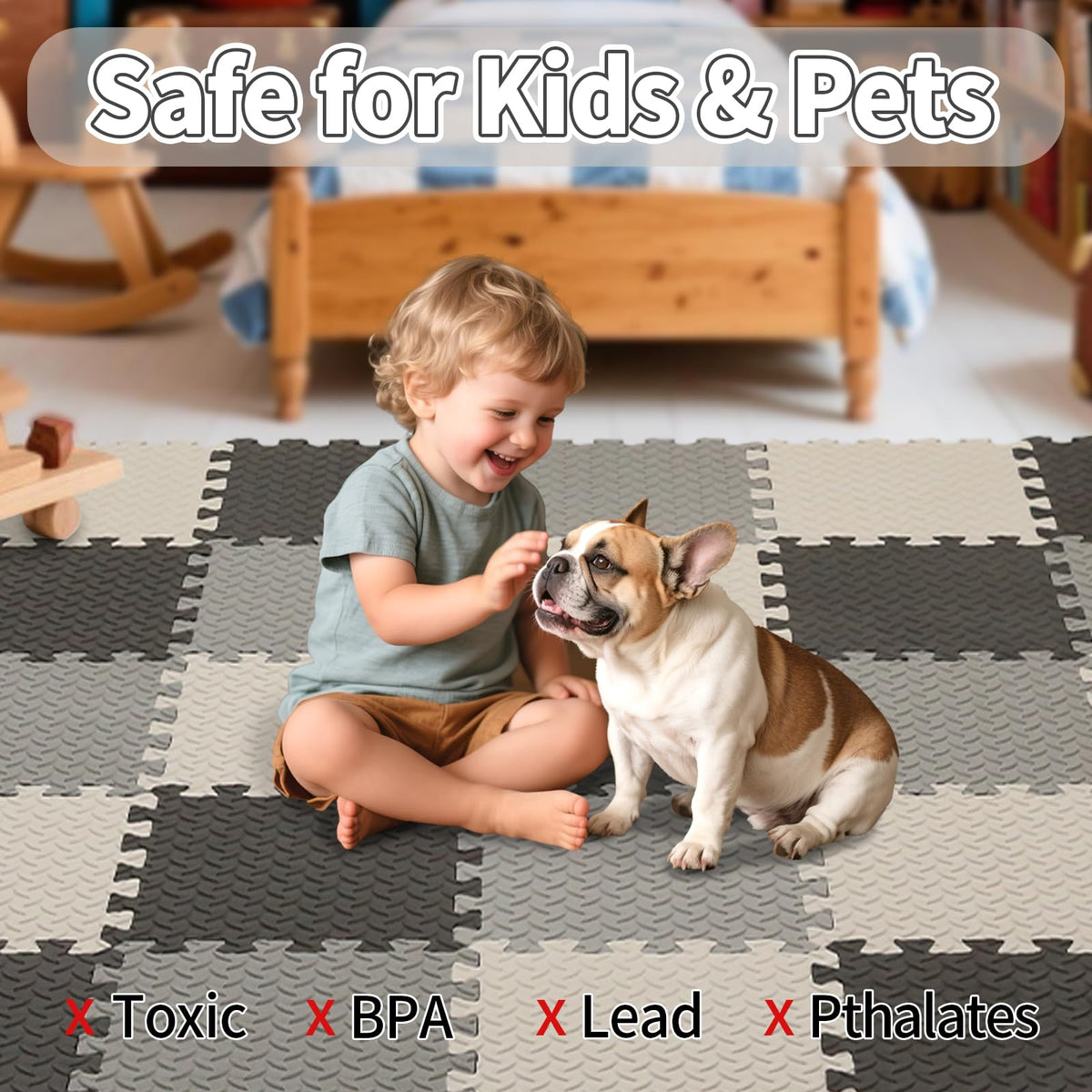 Tamiplay Foam Play Mat – 0.4-Inch Thick Interlocking EVA Tiles, 16-Piece Set (White/Black/Gray)