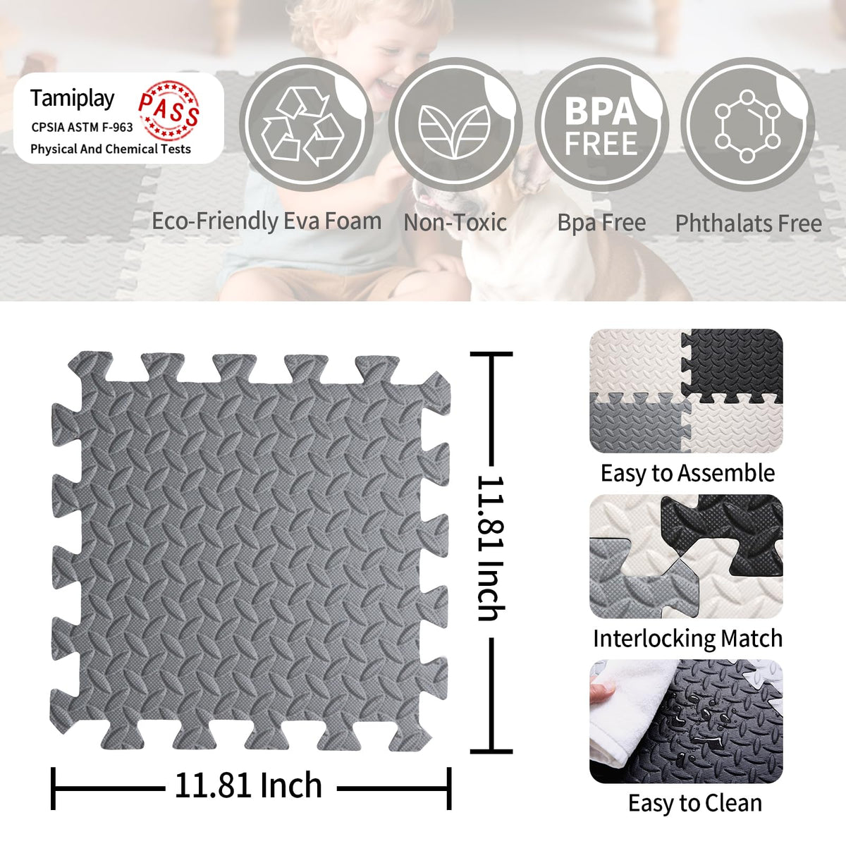 Tamiplay Foam Play Mat – 0.4-Inch Thick Interlocking EVA Tiles, 16-Piece Set (White/Black/Gray)