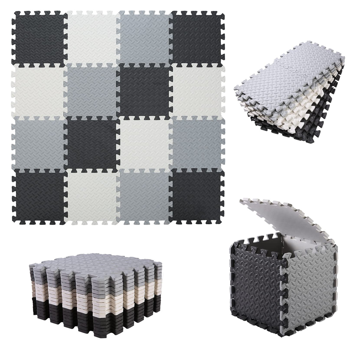 Tamiplay Foam Play Mat – 0.4-Inch Thick Interlocking EVA Tiles, 16-Piece Set (White/Black/Gray)