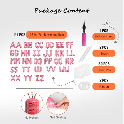TangTuan 52 Pcs Pink Foil Letter Balloons with Air Pump – 16" A-Z Sets for Birthday Banner & Party Decor
