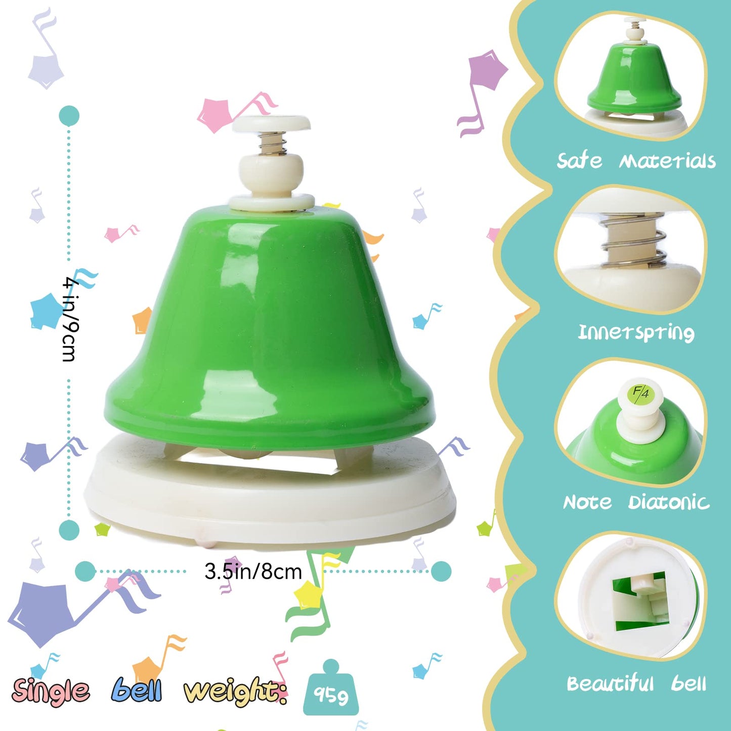 TantivyBo Desk Bells Rainbow Diatonic Hand Bells — 8-Note Musical Toy with Songbook for Kids 3+
