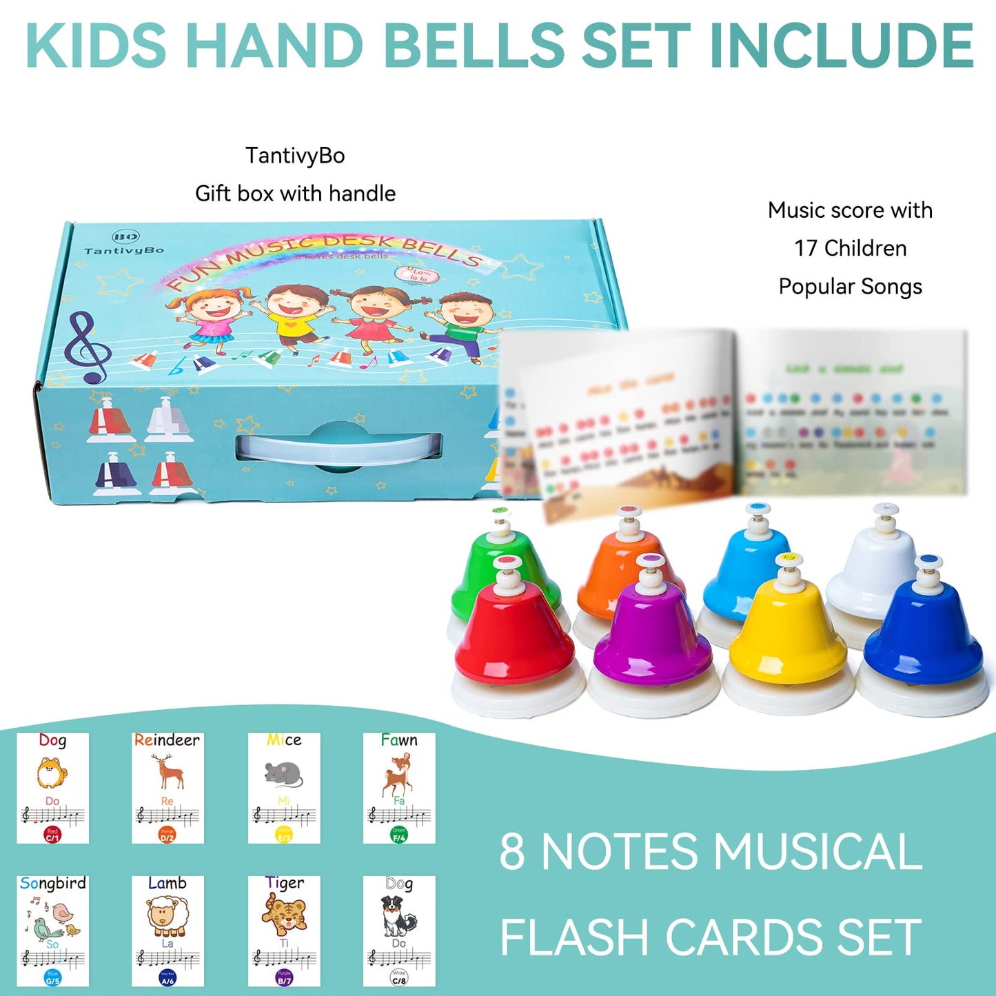 TantivyBo Desk Bells Rainbow Diatonic Hand Bells — 8-Note Musical Toy with Songbook for Kids 3+