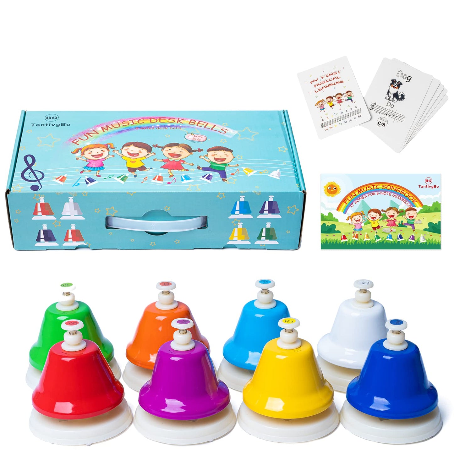 TantivyBo Desk Bells Rainbow Diatonic Hand Bells — 8-Note Musical Toy with Songbook for Kids 3+