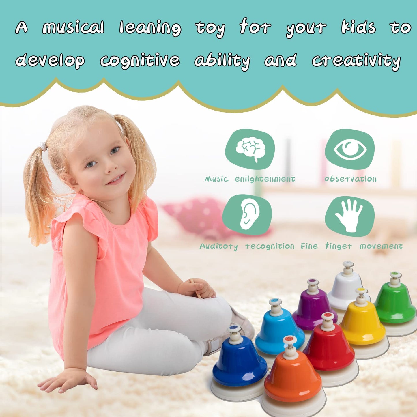 TantivyBo Desk Bells Rainbow Diatonic Hand Bells — 8-Note Musical Toy with Songbook for Kids 3+