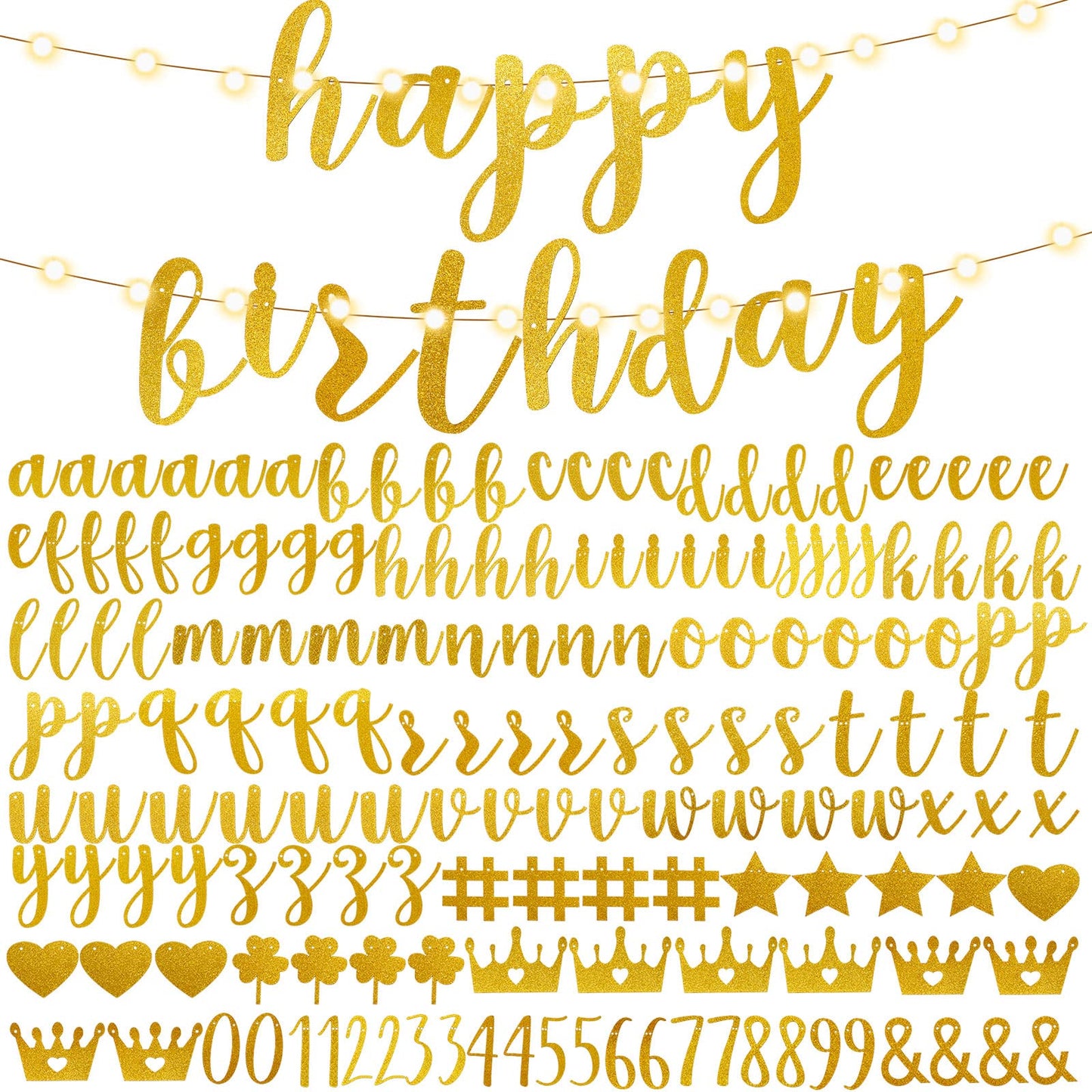 TaoBary 167-Pcs DIY Glitter Banner Kit – Customizable Happy Birthday Banner with 3 Ropes (Gold)