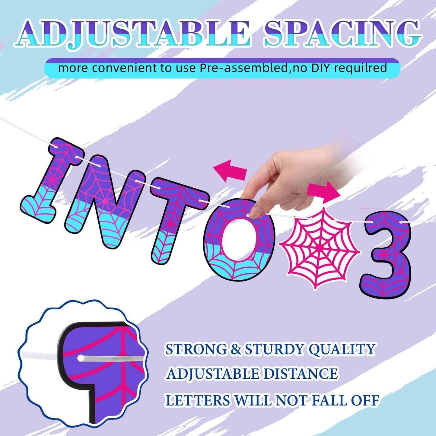 TaoBary Spider Theme 3rd Birthday Banner – Pre-strung Pink & Purple Party Decor